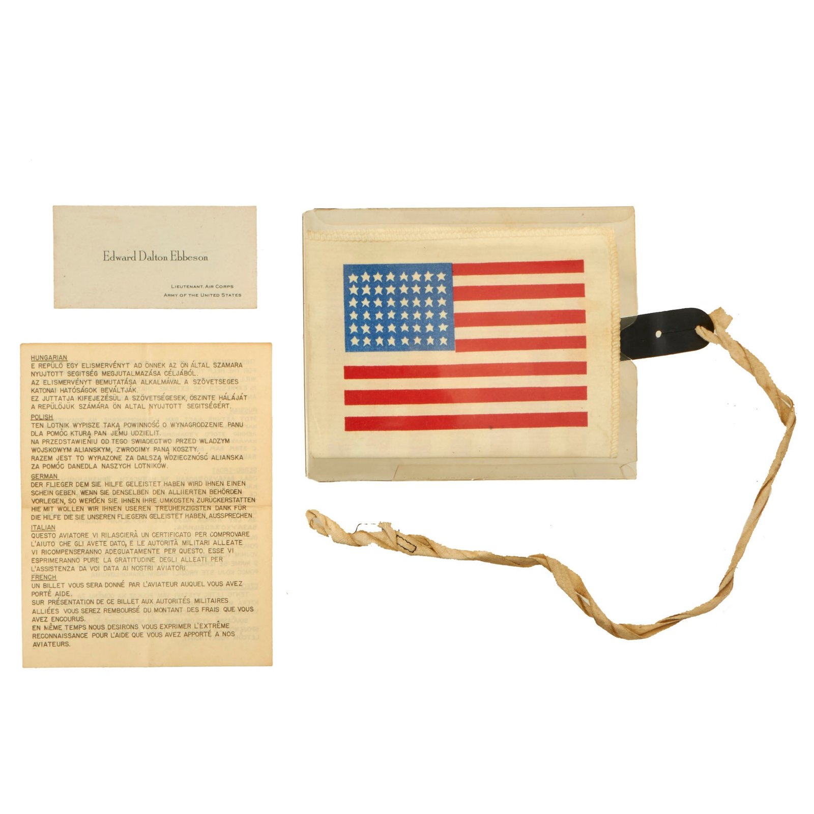 Buy Original U.S. WWII USAAF Russian Blood Chit in Original Plastic Envelope with Twill Cord & Calling Card - Lieutenant Edward Dalton Ebbeson | Original Firearms Antique For Sale