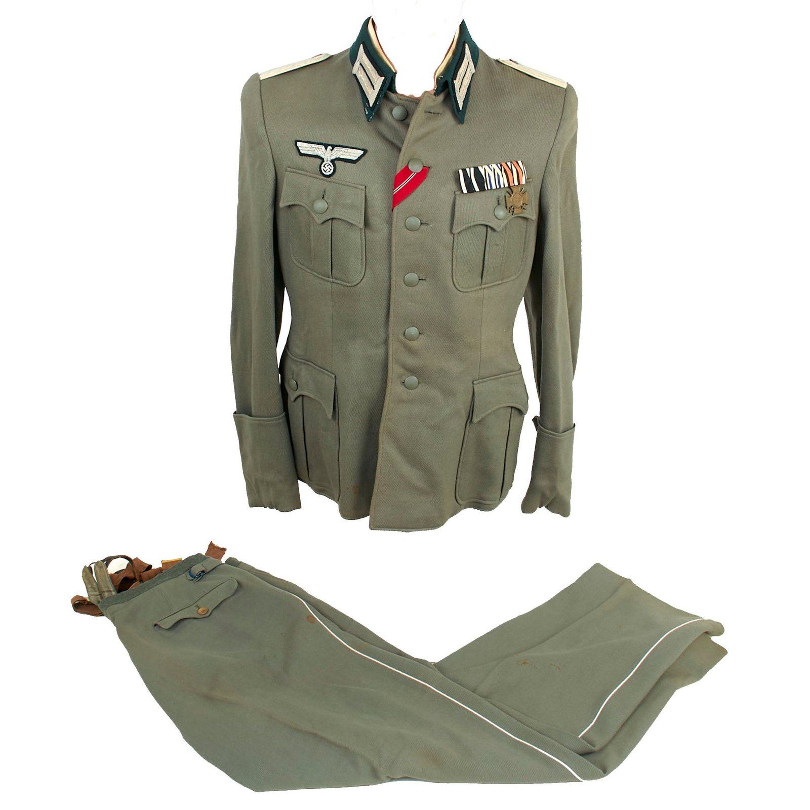 Buy Original German WWII Named Heer Infantry Leutnant's M36 Field Uniform Tunic & Trousers with Suspenders, Partial Medal Bar, Eastern Medal Ribbon - dated 1943 | Original Firearms Antique For Sale