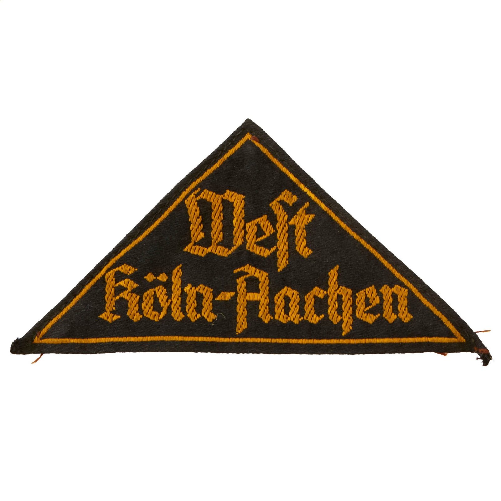 Buy Original German WWII HJ National Youth Association West Köln-Aachen District Sleeve Triangle with Torn RZM Tag Remnants | Original Firearms Antique For Sale