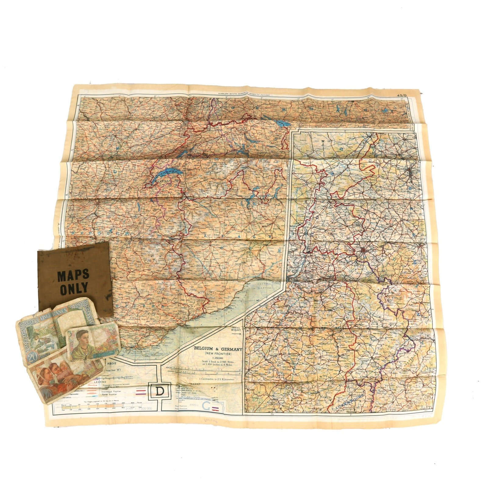 Buy Original U.S. WWII 1943 Color Silk C/D “Escape Map” With “Maps Only” Pouch & French Money Named to Paratrooper - Oswald J. Freund | Original Firearms Antique For Sale