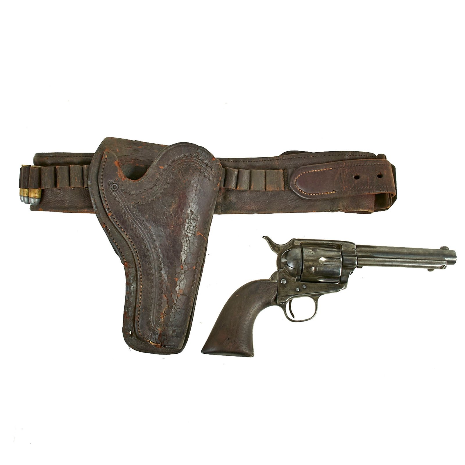 Buy Original U.S. Colt .45cal Single Action Army Revolver with 5 ¼" Barrel, Period Tooled Leather Holster on Ammo Belt, Dummy Ammo - Serial 71172 Made in 1881 | Original Firearms Antique For Sale