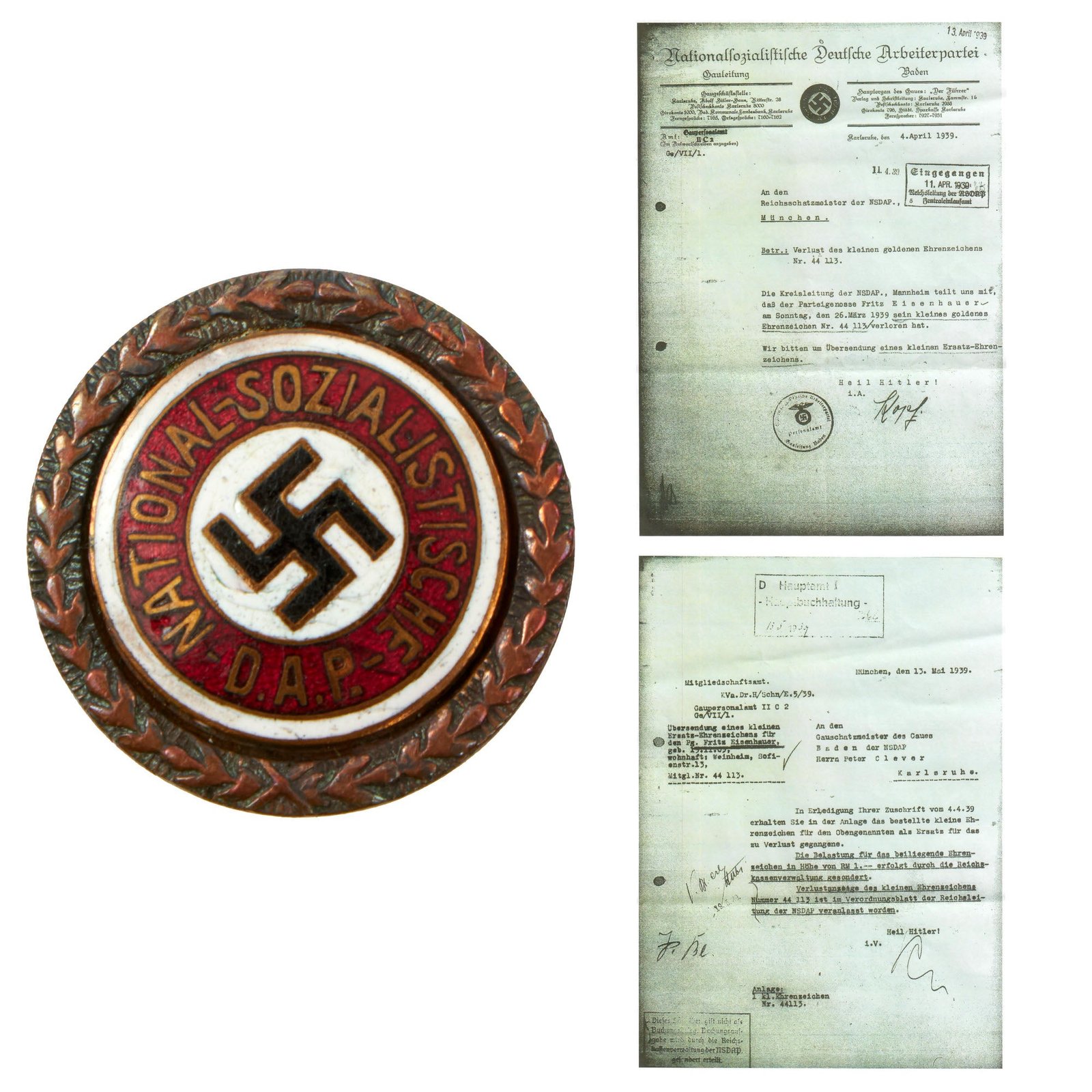 Buy Original German WWII Identified Small Golden NSDAP Party Badge Pin by Josef Fuess with Full Documentation Copies - Member 44113 | Original Firearms Antique For Sale