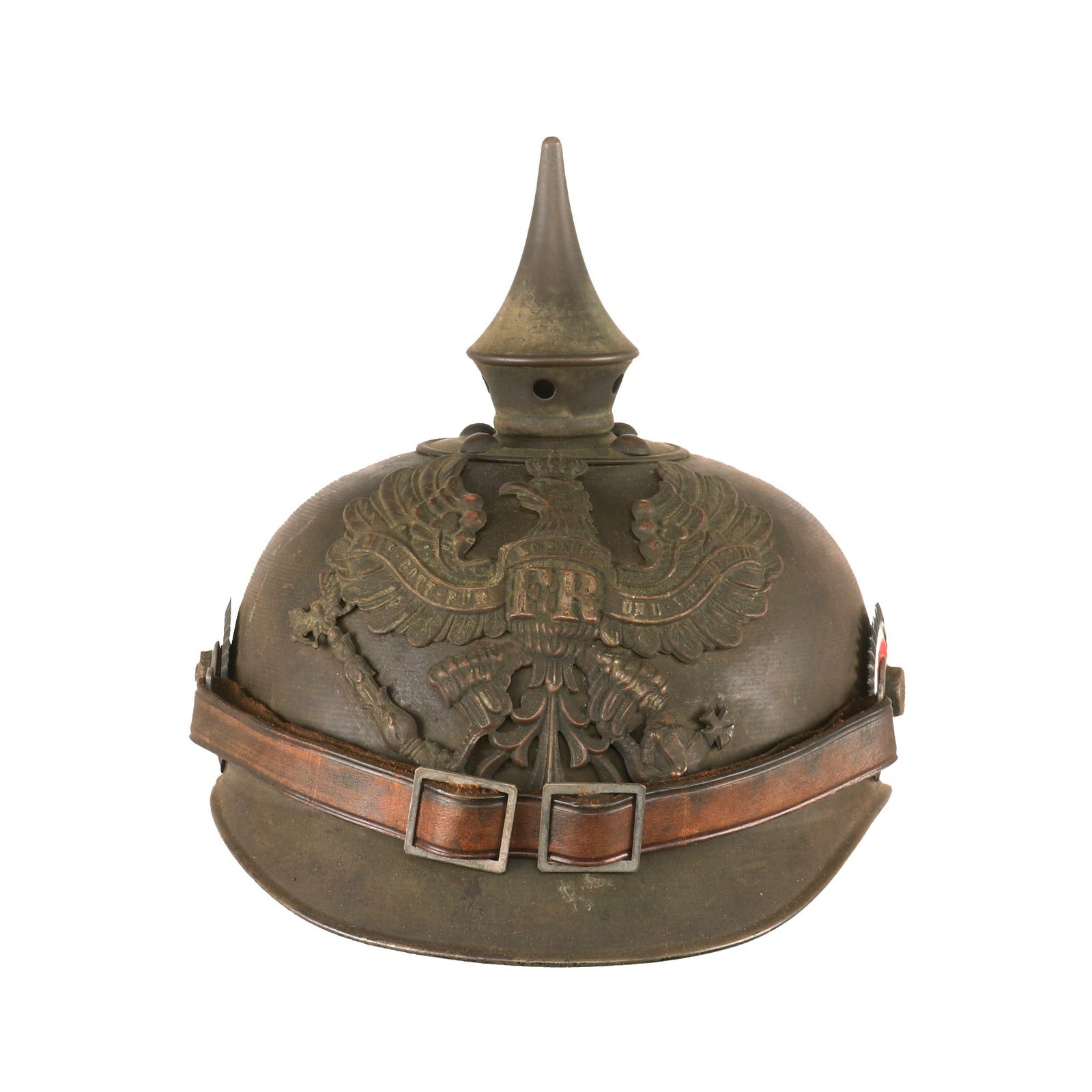 Buy Original Imperial German WWI M1915 Prussian Ersatz Stahlblech Spun Steel Pickelhaube by Gebrüder Bing, Nürnberg with Liner & Chinstrap | Original Firearms Antique For Sale