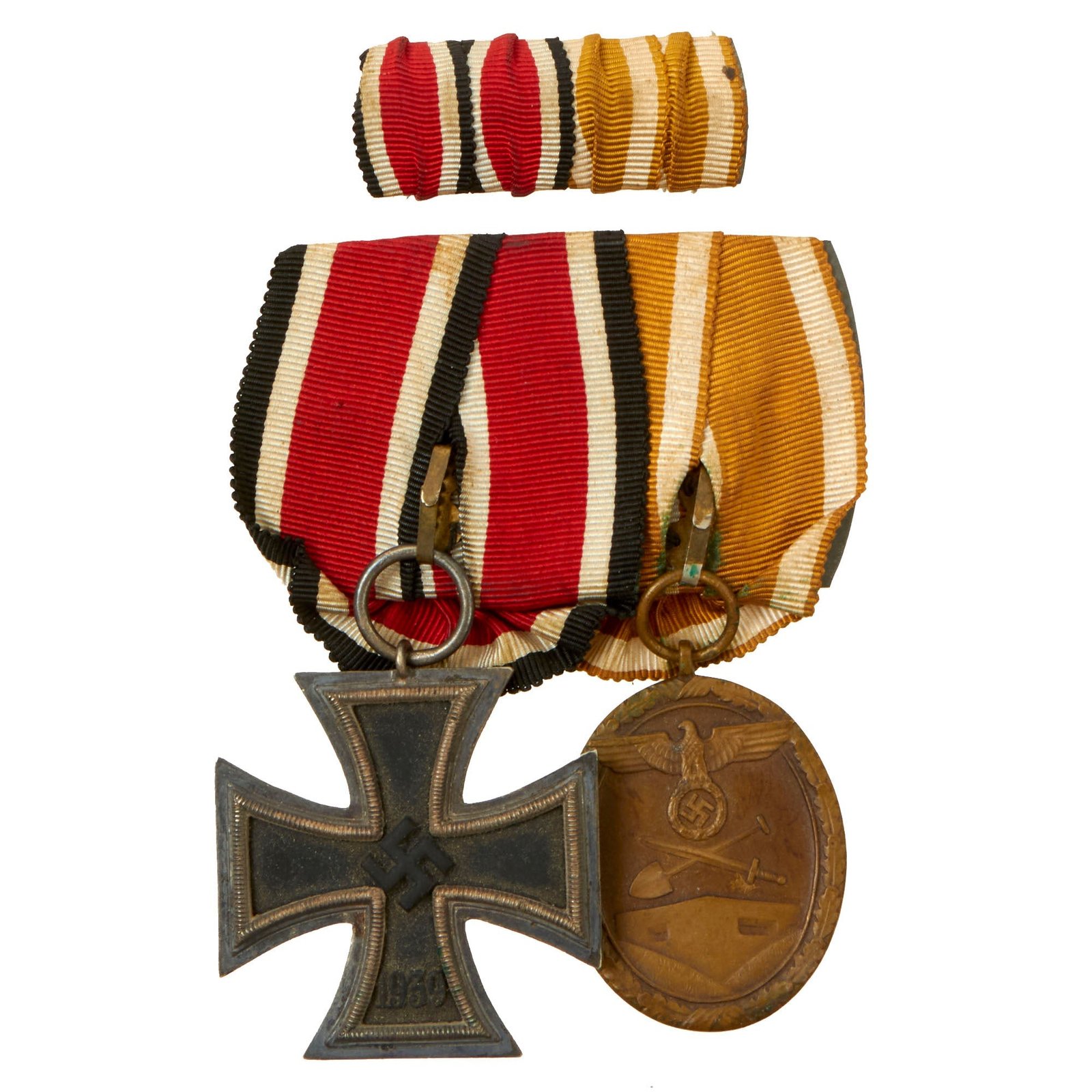 Buy Original German WWII Medal Bar with Ribbon Bar - Iron Cross 2nd Class 1939 and Western Wall Siegfried Line Medal | Original Firearms Antique For Sale