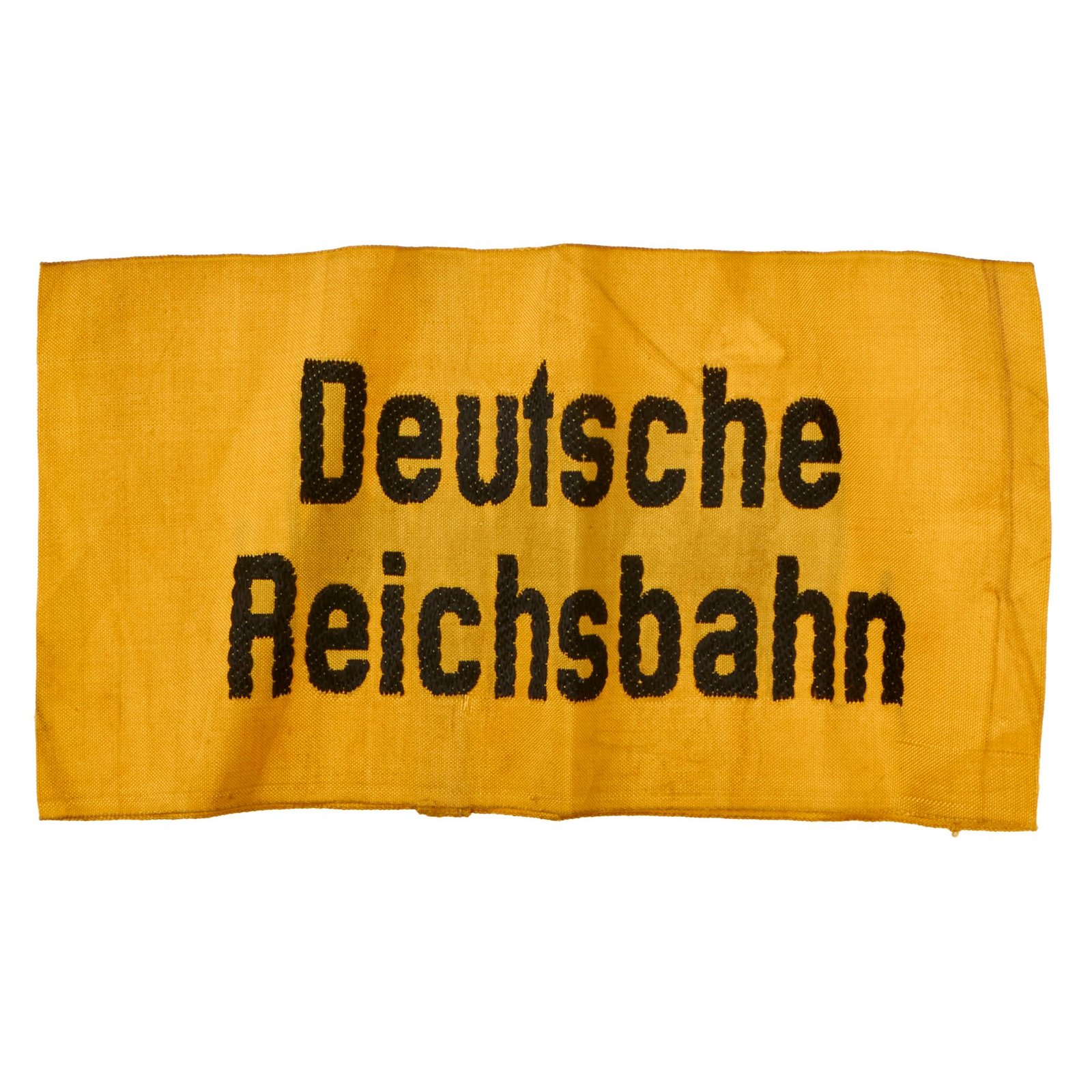 Buy Original German WWII Reichsbahn National Railway Embroidered Yellow Rayon Armband with Faded Depot Stamp | Original Firearms Antique For Sale