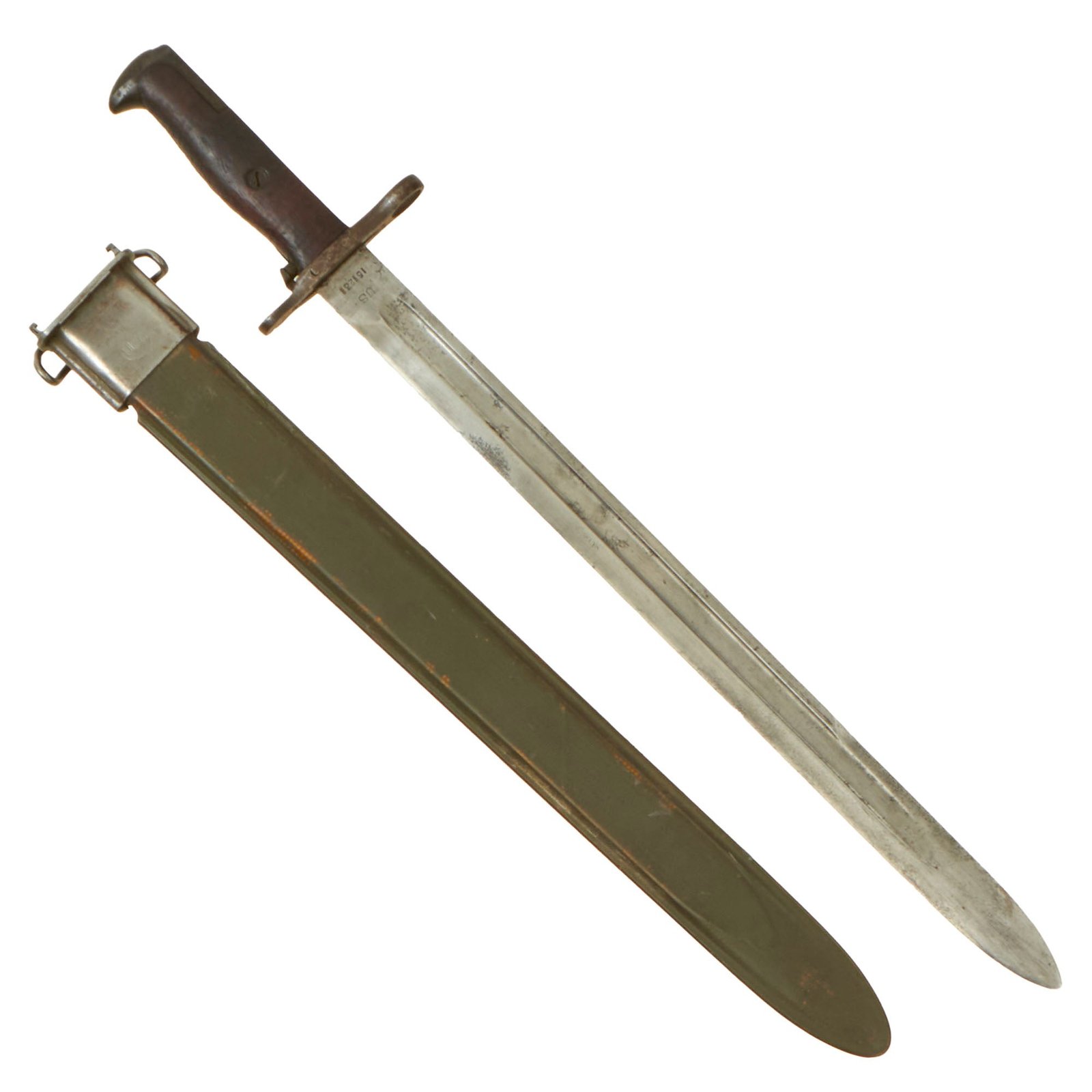Buy Original U.S. Pre - WWI Reissue M1905 Springfield 16 inch Rifle Bayonet Marked S.A. with WWII M3 Scabbard - Dated 1906 - First Year of Production | Original Firearms Antique For Sale