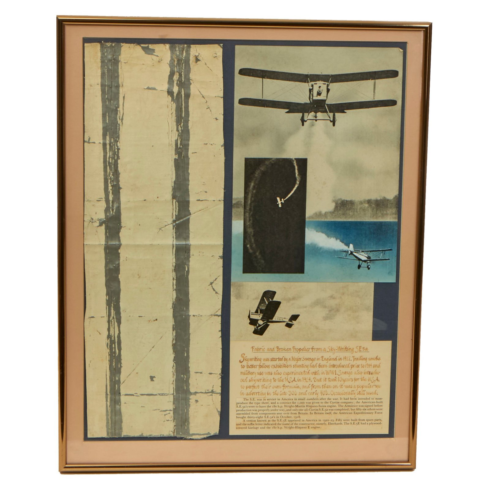 Buy Original British WWI Era Framed Aircraft Fabric from a Sky-Writing S.E.5a Fighter - 16¼ x 20¼” | Original Firearms Antique For Sale