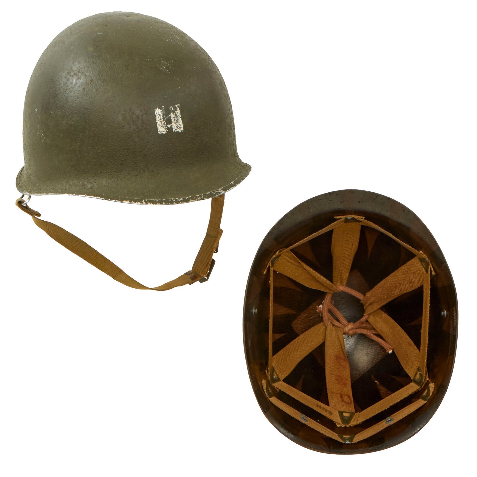 Buy Original U.S. WWII Officer’s Complete 1944 M1 McCord Welded Front Seam Swivel Bale Helmet with CAPAC Liner & Painted Captain’s Bars | Original Firearms Antique For Sale