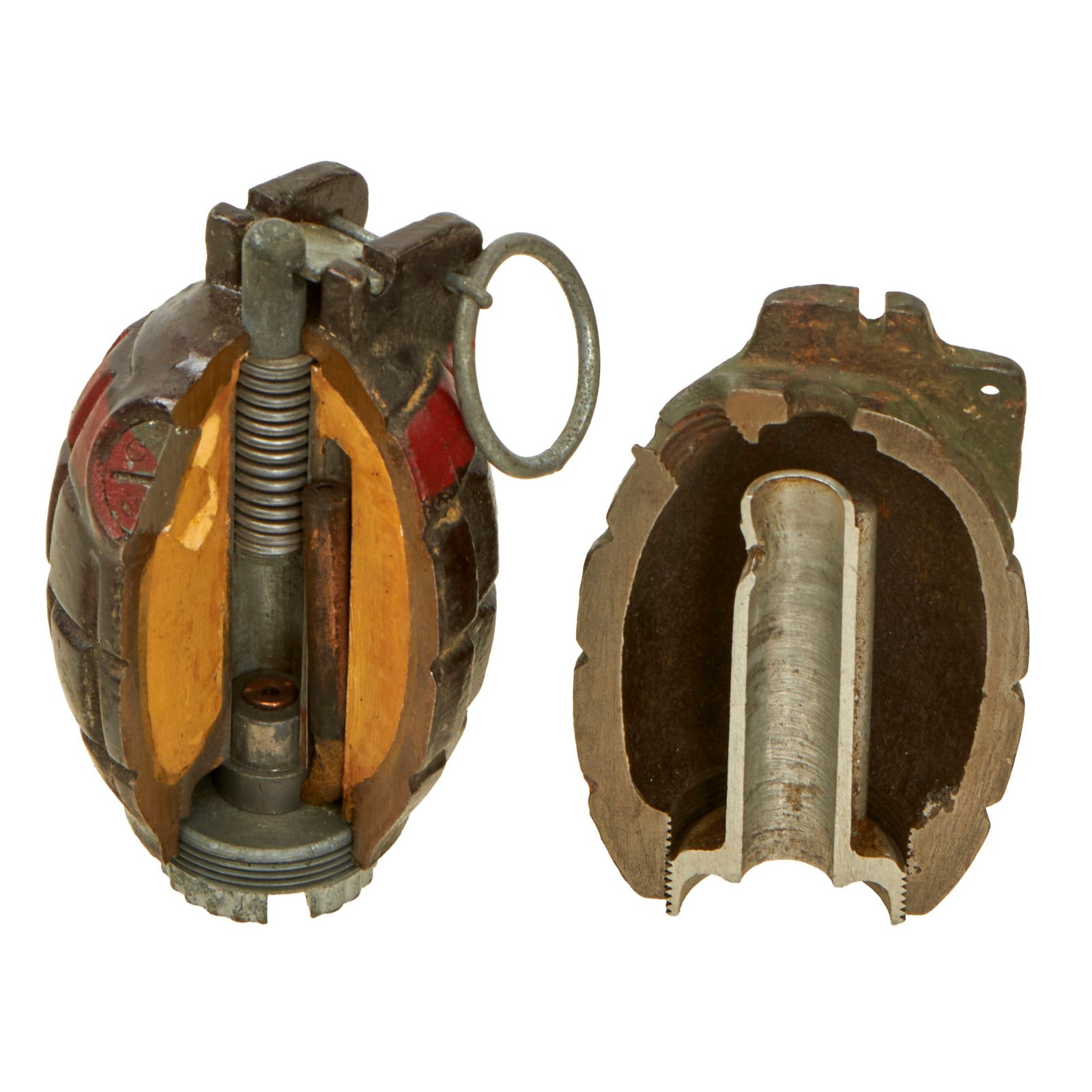 Buy Original British WWII Pair of Mills Bomb No. 36M MKI Training Cutaway Grenades Dated 1943 - Inert | Original Firearms Antique For Sale