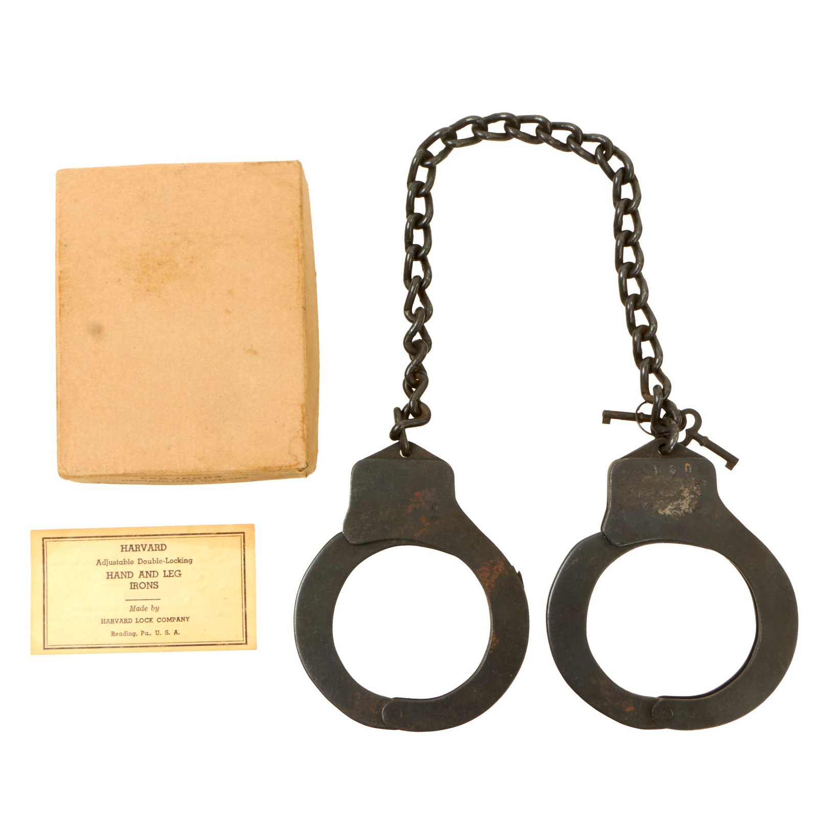 Buy Original U.S. WWII US Navy Marked Harvard Lock Company Hand & Leg Irons Cuffs with Two Keys in Original Box | Original Firearms Antique For Sale