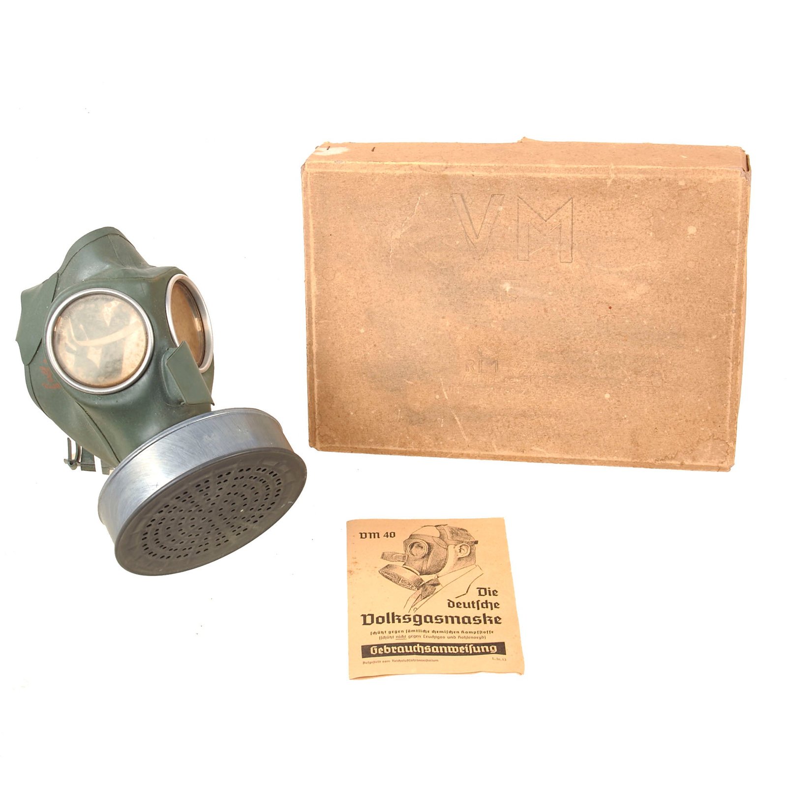 Buy Original German WWII Gas Mask & Filter for Civilians in Original Box with Manual & Waffenamt Stamps | Original Firearms Antique For Sale