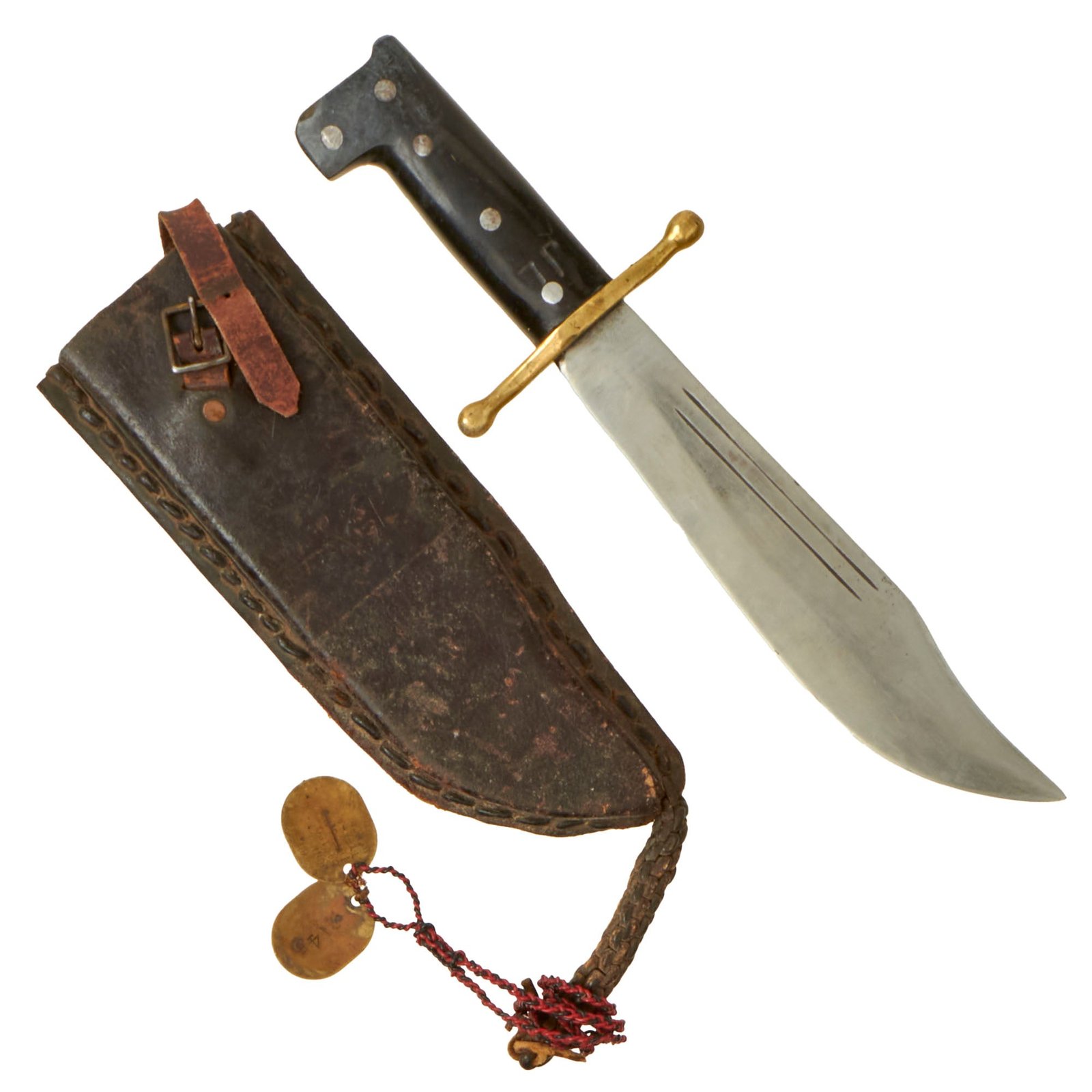 Buy Original U.S. WWII Named Marine Corps V44 Pilot Survival Kit Bowie Knife by Collins with USMC Custom Scabbard & Dog Tags - 5th Anti-Aircraft Artillery Battalion | Original Firearms Antique For Sale