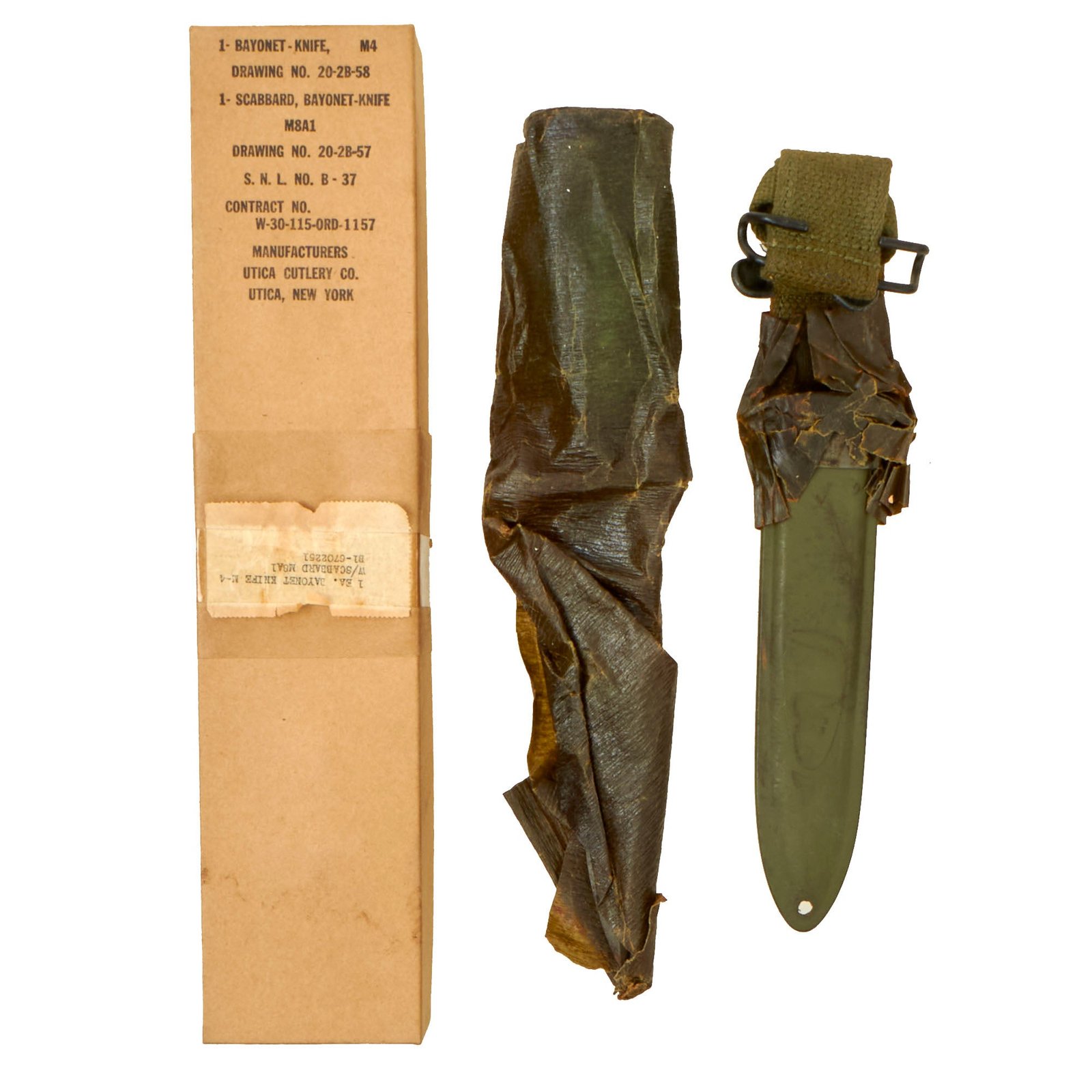 Buy Original U.S. WWII Unissued M4 Bayonet by Utica Cutlery for the M1 Carbine with M8A1 Scabbard Wrapped in Original Box | Original Firearms Antique For Sale
