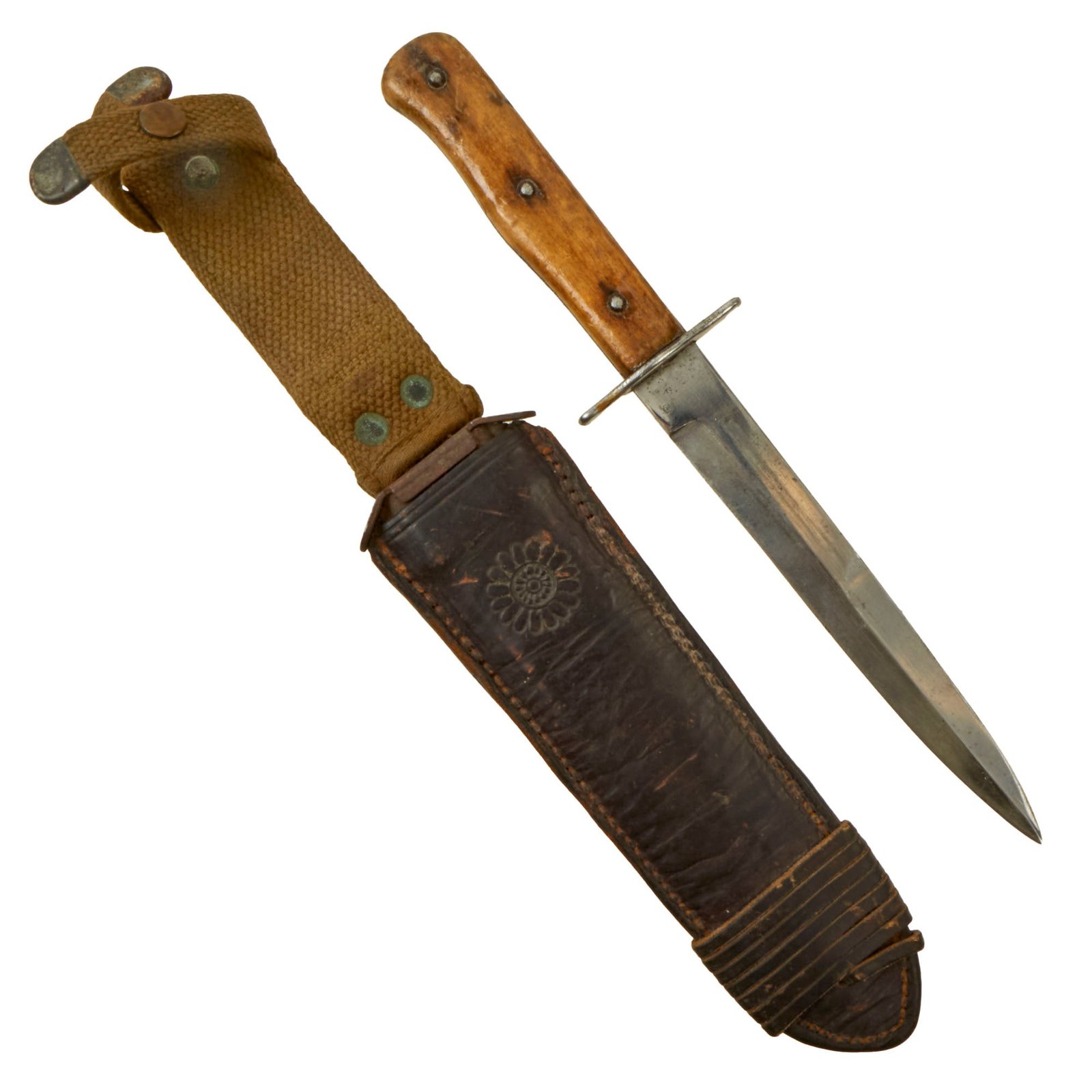 Buy Original German WWII G.I. Captured Luftwaffe Fallschirmjäger Fighting Knife in Modified U.S. M8 Scabbard - Weimar Eagle 6 Marked | Original Firearms Antique For Sale