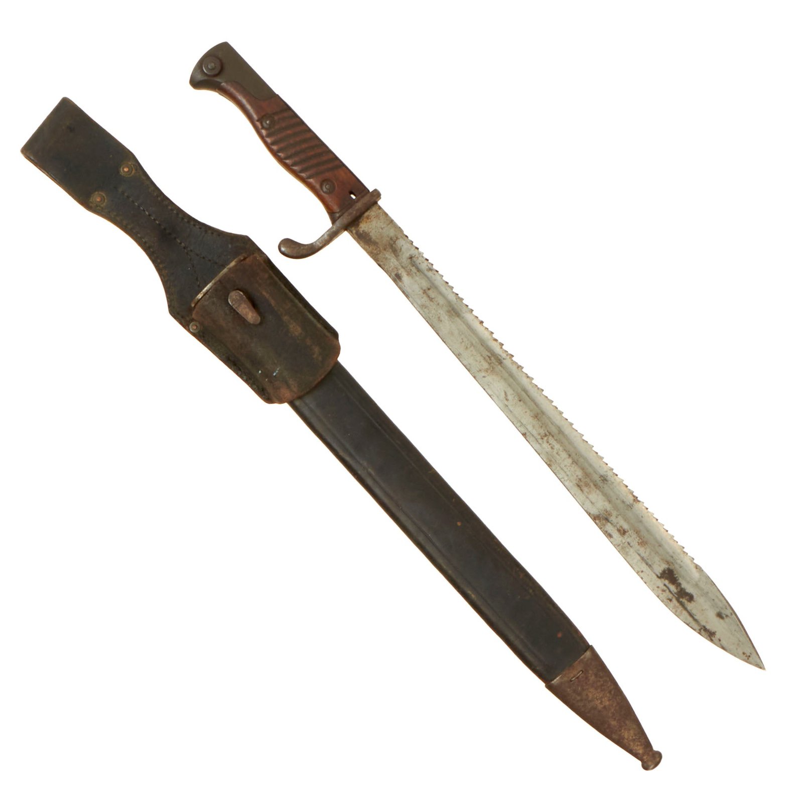 Buy Original German WWI M1898/05 n/A Butcher Sawback Bayonet by DEMAG with Early Leather Scabbard & Frog - Dated 1916 | Original Firearms Antique For Sale