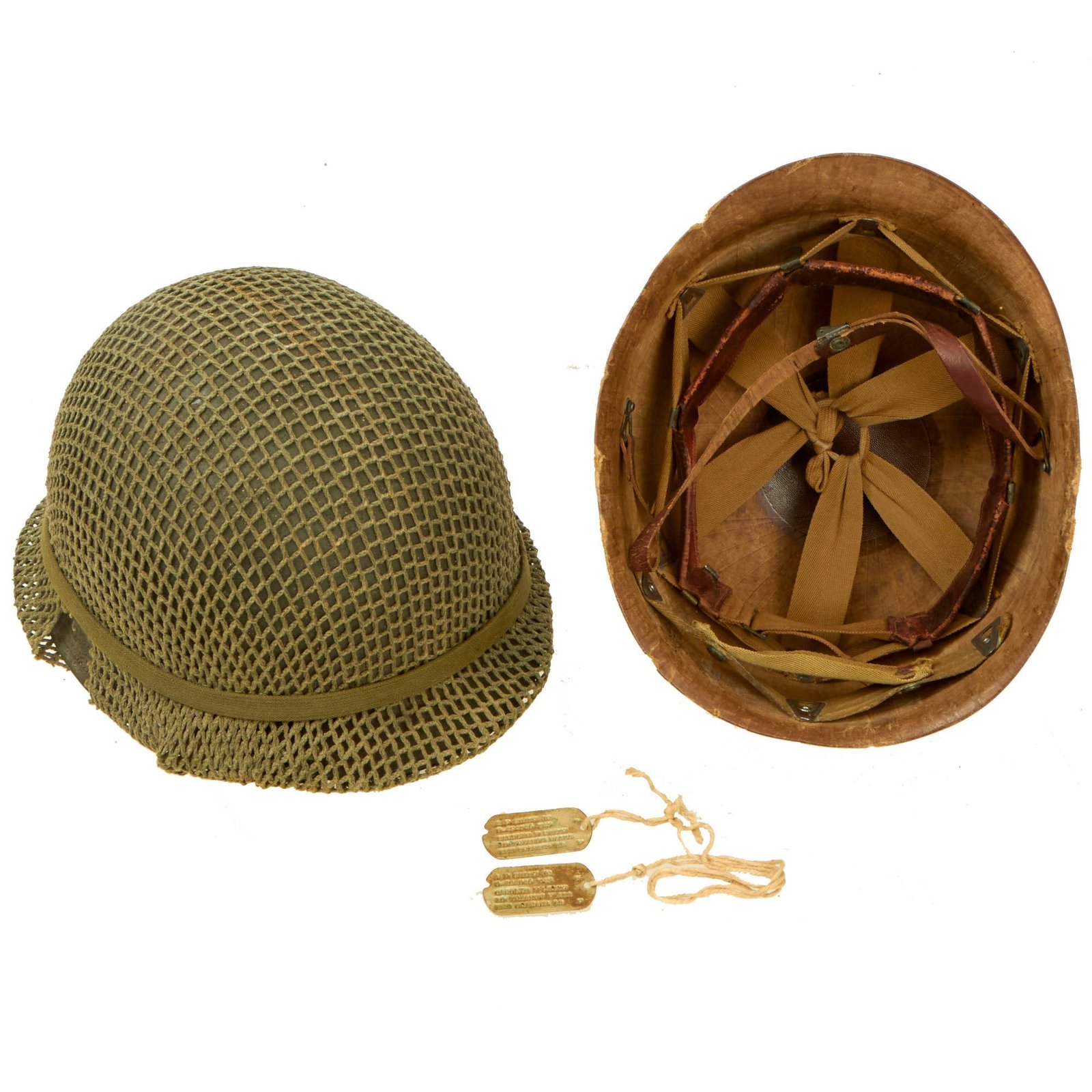 Buy Original U.S. WWII Officer’s McCord M1 Fixed Bale Helmet with RARE Hood Rubber Co. Low Pressure Liner, Dog Tags, & Helmet Net | Original Firearms Antique For Sale