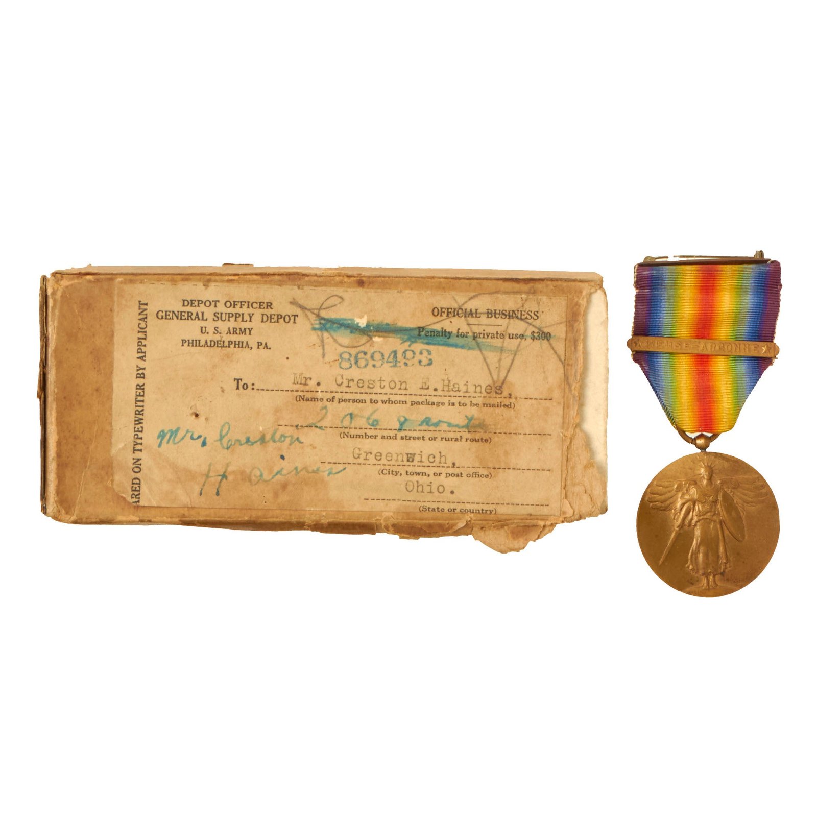 Buy Original U.S. WWI 114th Engineers Named Victory Medal in Original Box with Meuse-Argonne Offensive Clasp - Creston E. Haines | Original Firearms Antique For Sale