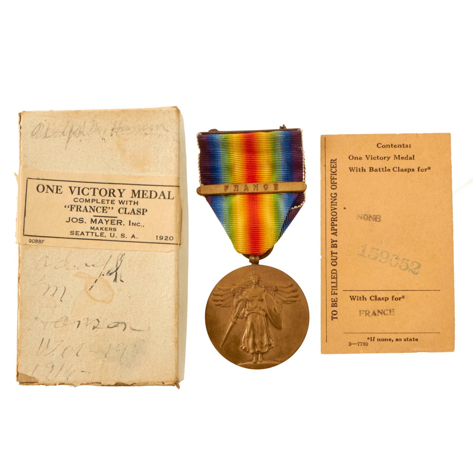 Buy Original U.S. WWI Victory Medal in Original Shipping Box - 49th Coastal Artillery Corps - Adolph M. Hanson of Bay City, Wisconsin | Original Firearms Antique For Sale
