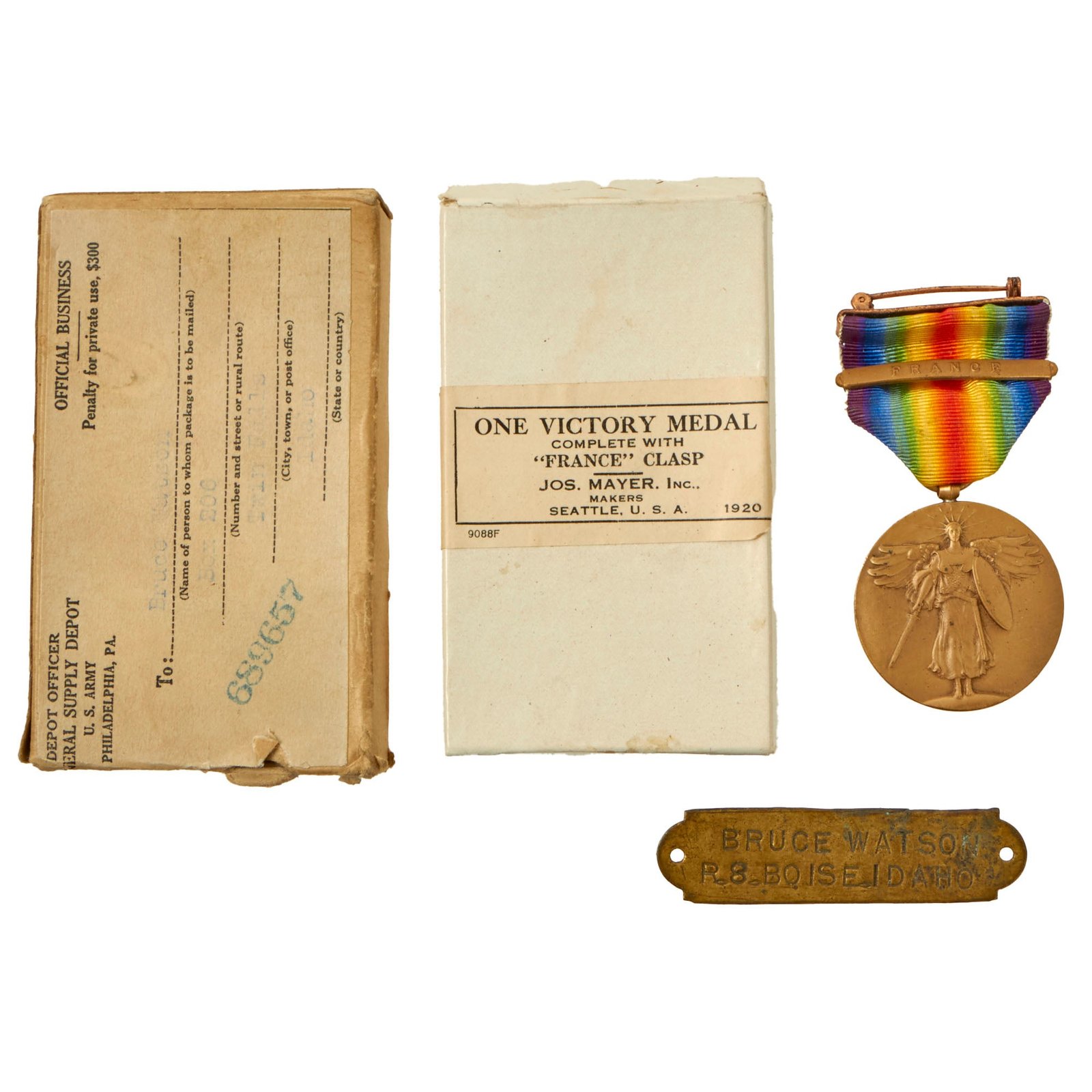Buy Original U.S. WWI Victory Medal in Original Shipping Box - Bruce Watson of Twin Falls, Idaho | Original Firearms Antique For Sale