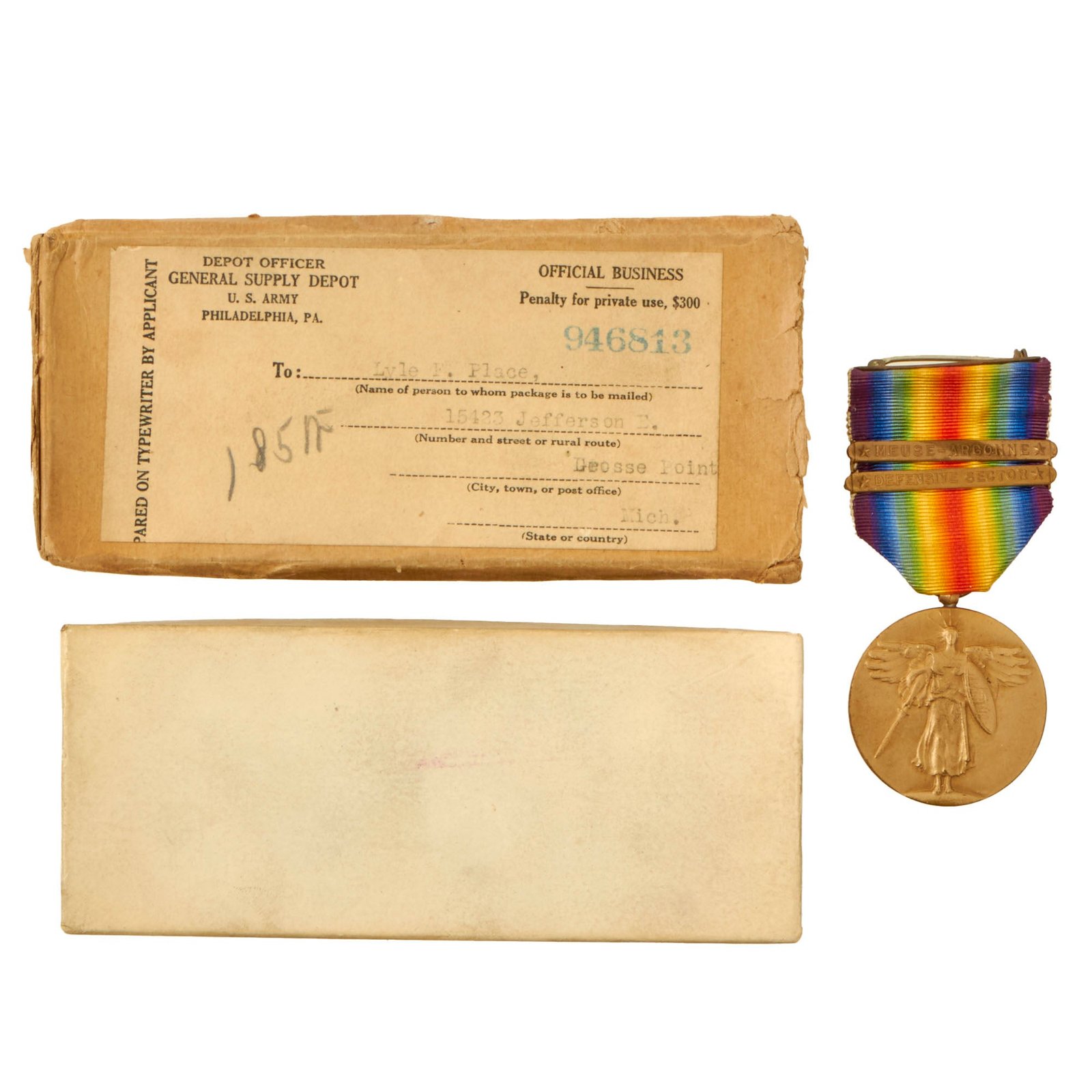 Buy Original U.S. WWI 85th Divison Military Police Company Named Victory Medal in Original Box with Meuse-Argonne Offensive & Defensive Sector Clasp - Lyle F. Place | Original Firearms Antique For Sale