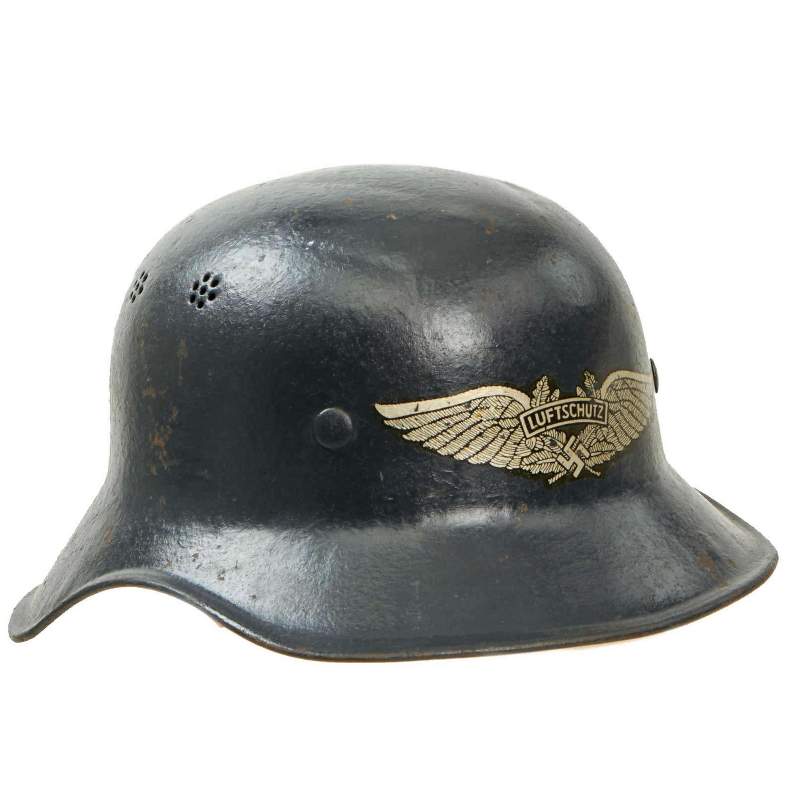 Buy Original German WWII M38 Luftschutz Gladiator Air Defense Helmet with One Piece Shell, Cloth Liner, and Plastic Chinstrap | Original Firearms Antique For Sale
