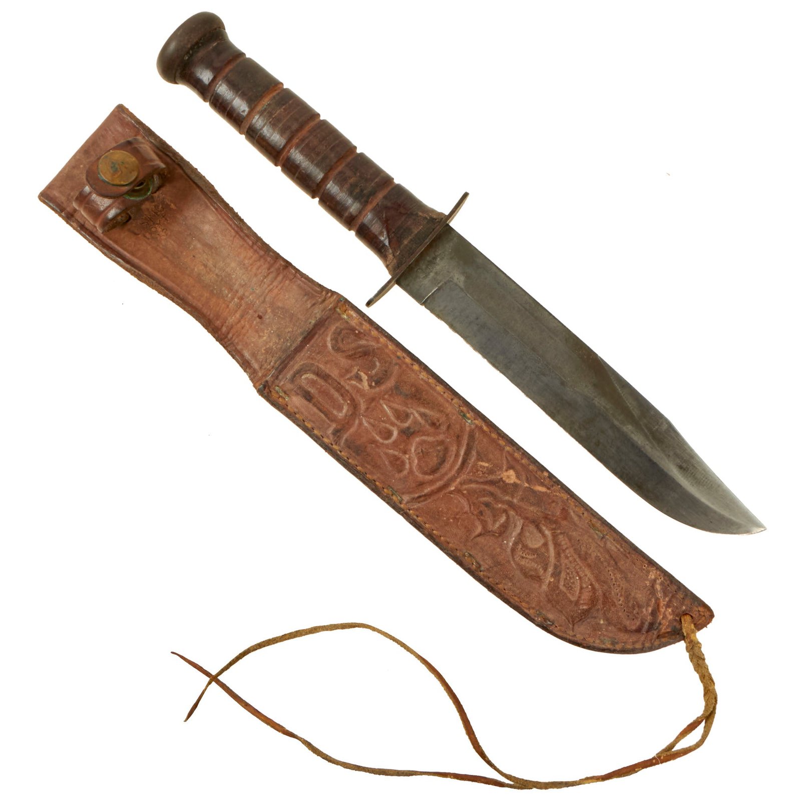 Buy Original U.S. WWII USMC Mark 2 KA-BAR Fighting Knife With G.I. Decorated Leather Sheath | Original Firearms Antique For Sale