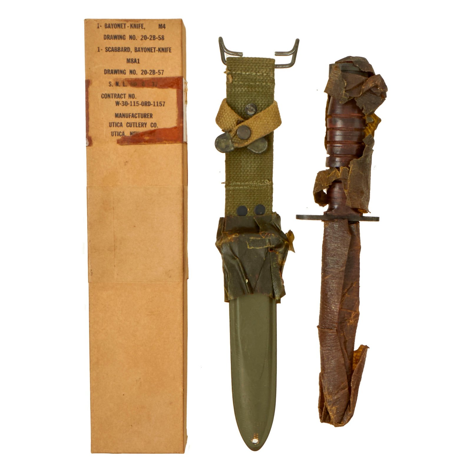 Buy Original U.S. WWII Unissued M4 Bayonet by Utica Cutlery for the M1 Carbine with M8A1 Scabbard Wrapped in Original Box | Original Firearms Antique For Sale