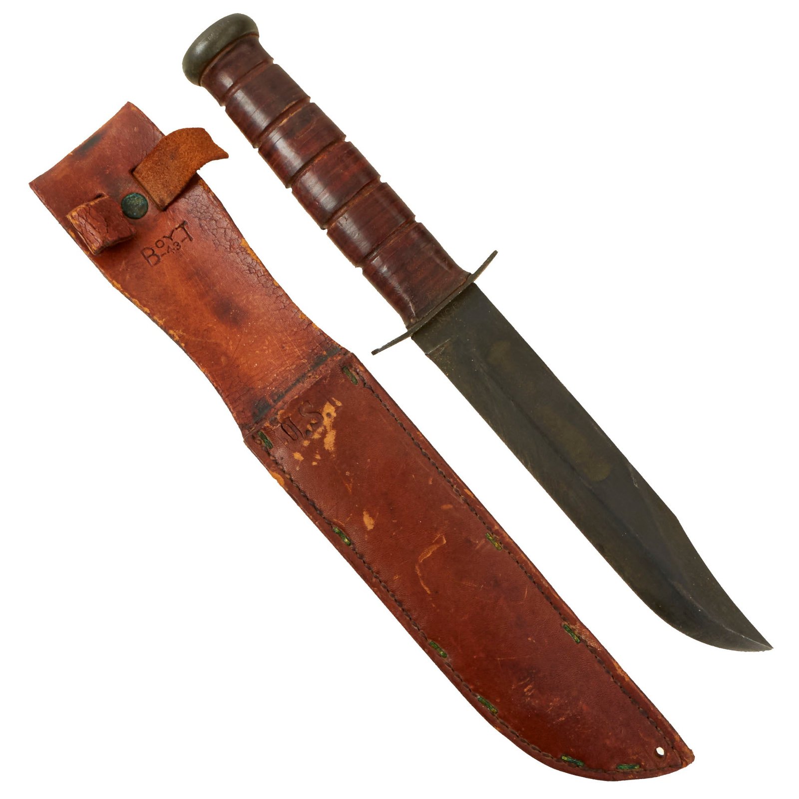 Buy Original U.S. WWII USN Mark 2 KA-BAR Blade Marked Fighting Knife with Leather Scabbard by Boyt - Dated 1943 | Original Firearms Antique For Sale