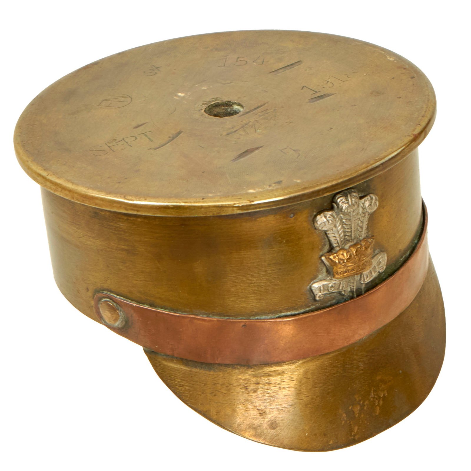 Buy Original British WWI Trench Art Artillery Shell Officer's Visor Cap with Prince of Wales Leinster Regiment Badge | Original Firearms Antique For Sale