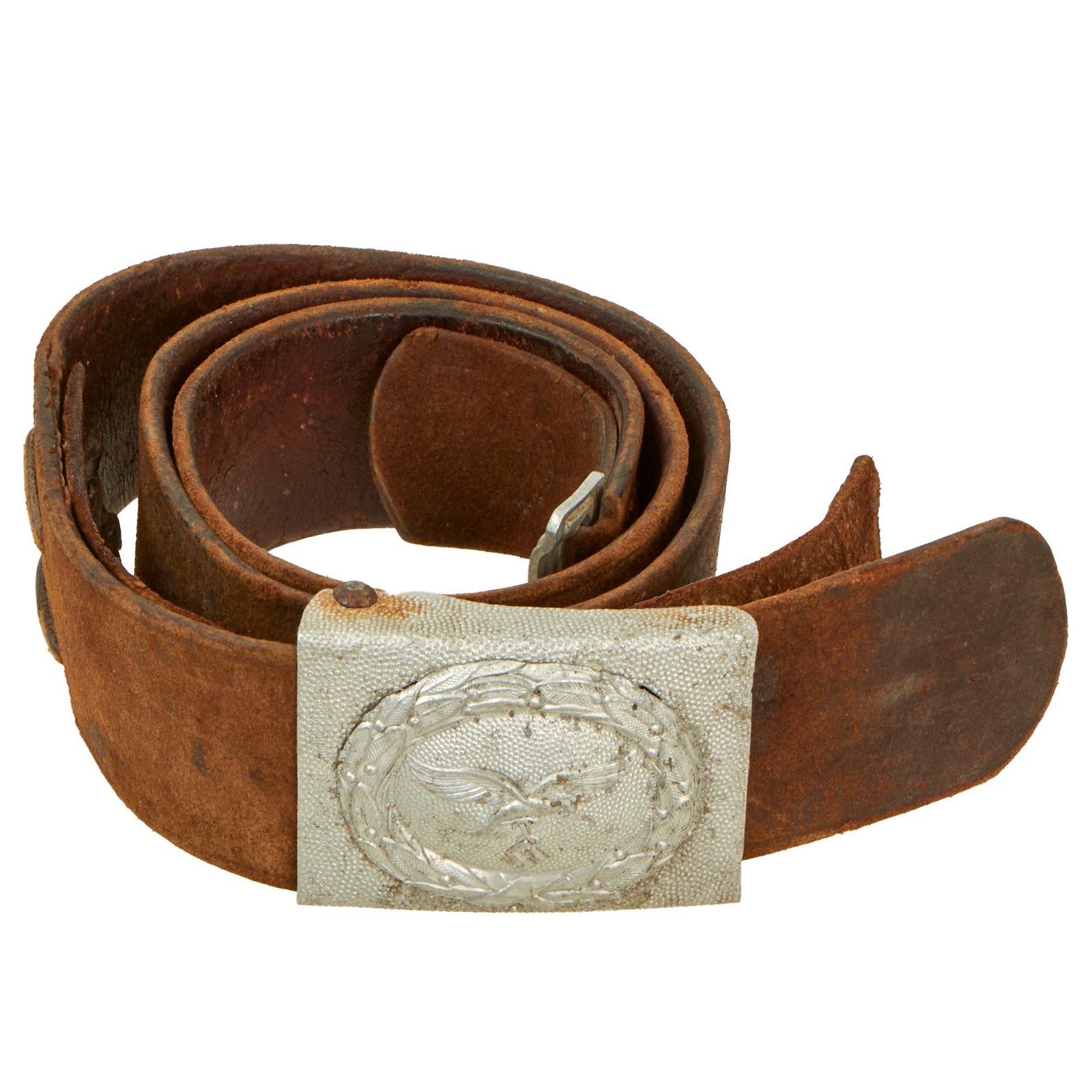Buy Original German WWII EM/NCO Luftwaffe 9th Flak Regiment Marked Leather Belt with Pebbled Aluminum Buckle | Original Firearms Antique For Sale