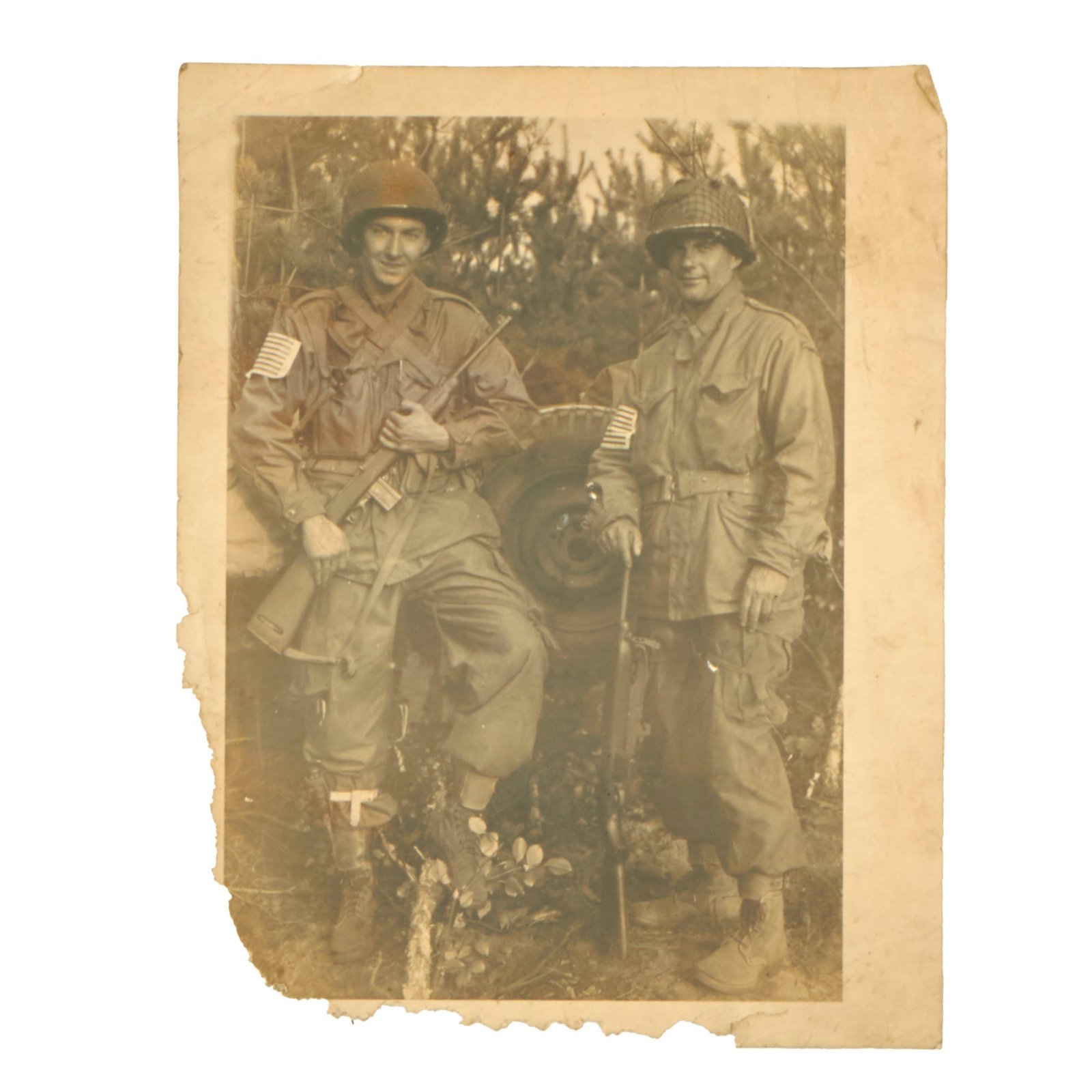 Buy Original U.S. WWII Photo of Paratroopers in Full Gear with M1 Carbines & Boot Knives - Damaged - 11 x 14” | Original Firearms Antique For Sale