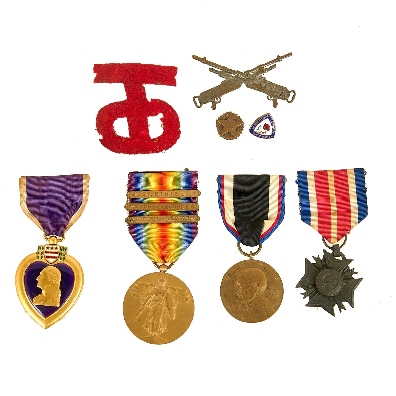 Buy Original U.S. WWI 90th Division “Tough ‘Ombres” Purple Heart & Victory Medal Grouping - 343rd Machine Gun Battalion | Original Firearms Antique For Sale