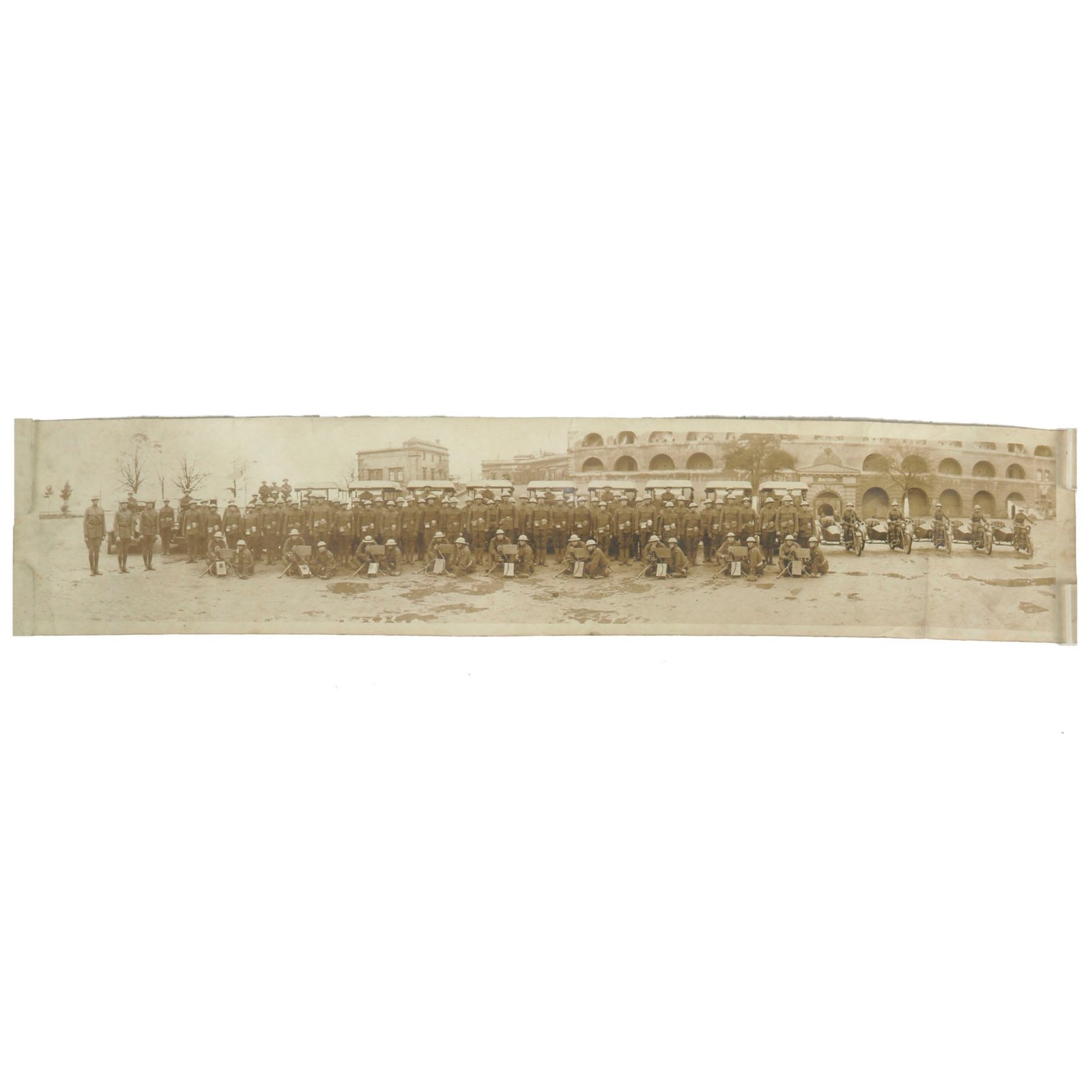 Buy Original U.S. WWI 3rd Army 7th Cavalry Machine Gun Team Panoramic Yardlong with All Soldiers Wearing Painted Helmets - 8 x 39” | Original Firearms Antique For Sale
