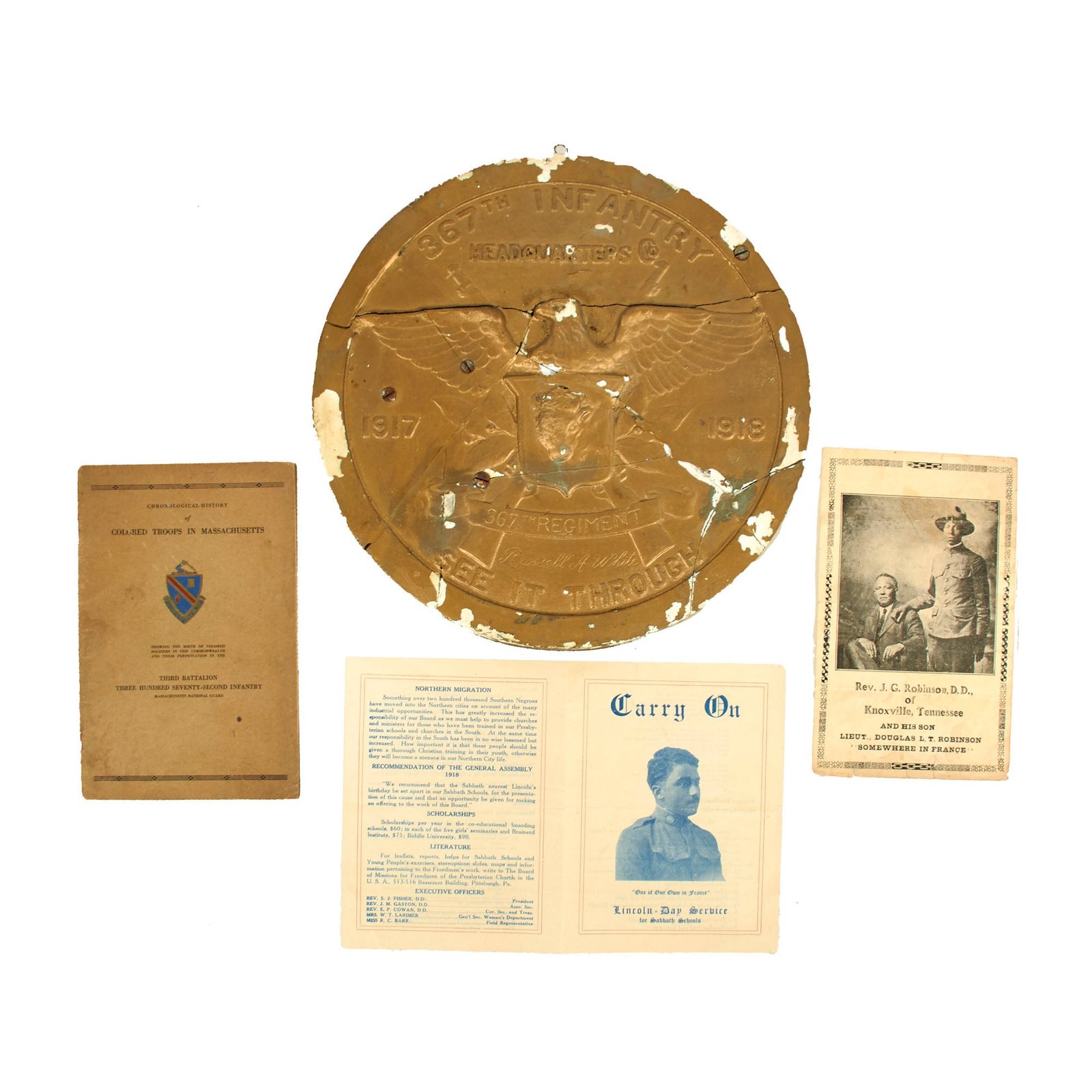 Buy Original U.S. WWI 92nd Division “Buffalo Soldiers” African-American 367th Infantry Regiment Commemorative Plaque with Ephemera - Russell A. White | Original Firearms Antique For Sale