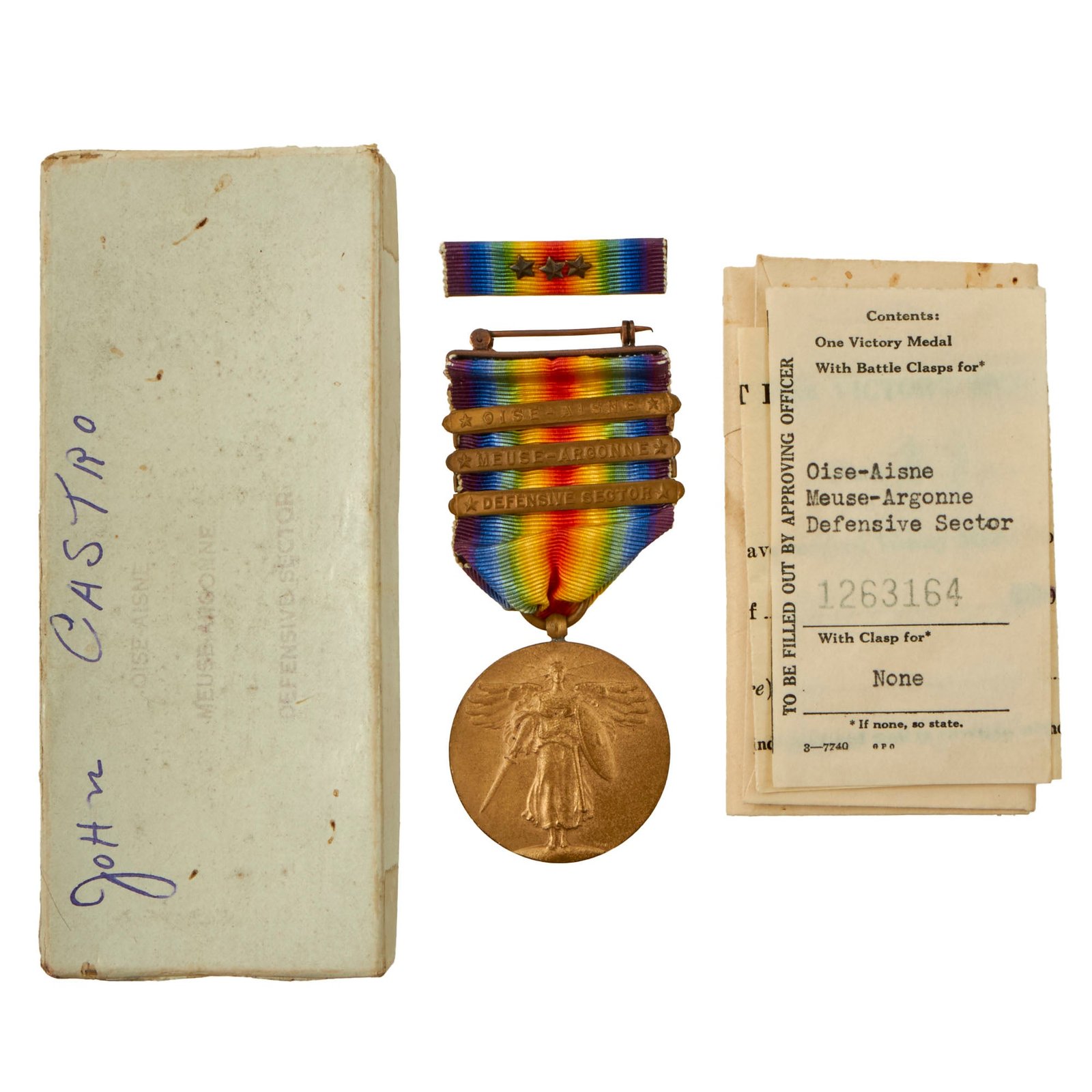 Buy Original U.S. WWI Named Victory Medal with Three Campaign Bars in Original Issue Box with Ribbon - John Castro | Original Firearms Antique For Sale