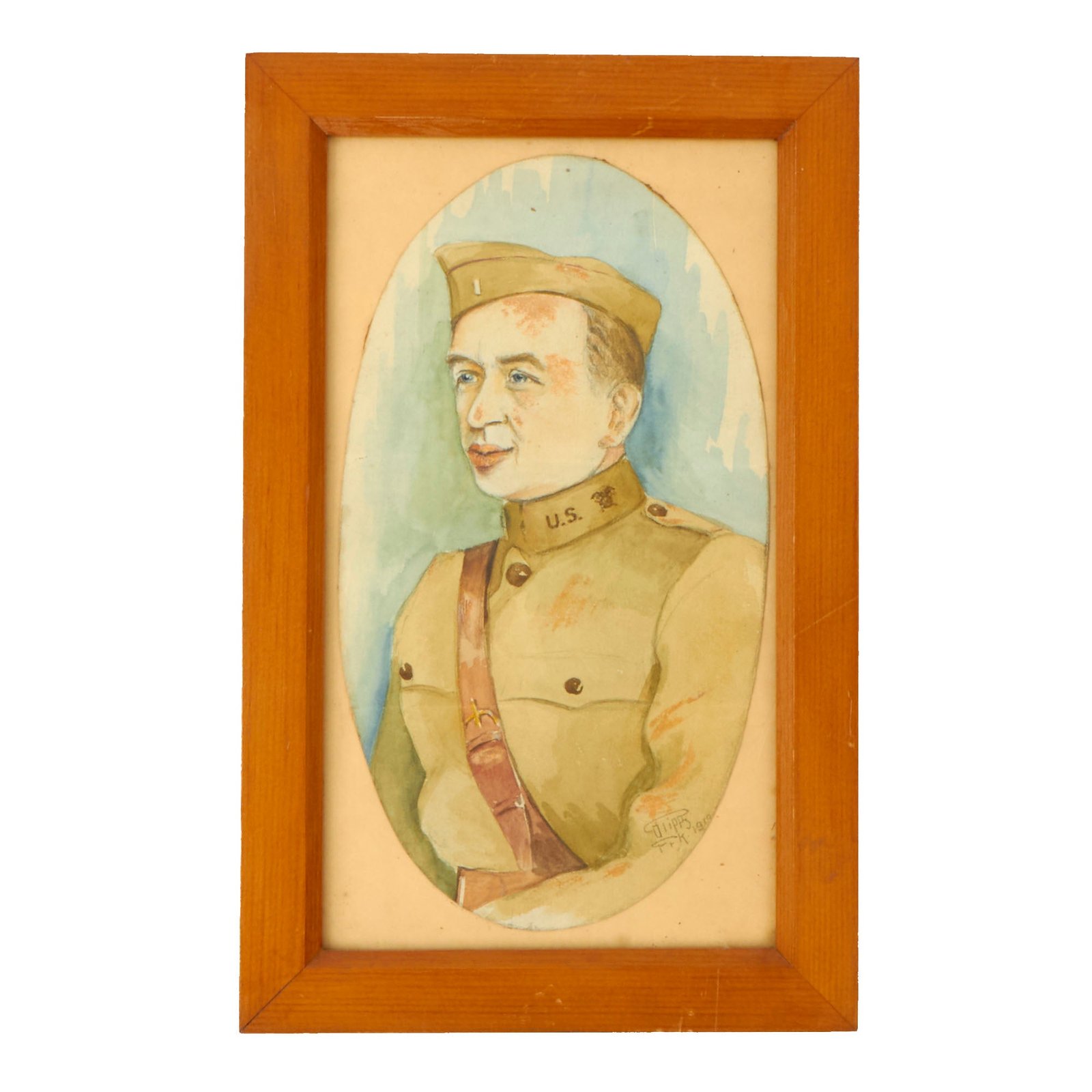 Buy Original U.S. WWI Framed Portrait of Officer Painted by German Prisoner of War Dated 1919 - 8½ x 13½” | Original Firearms Antique For Sale