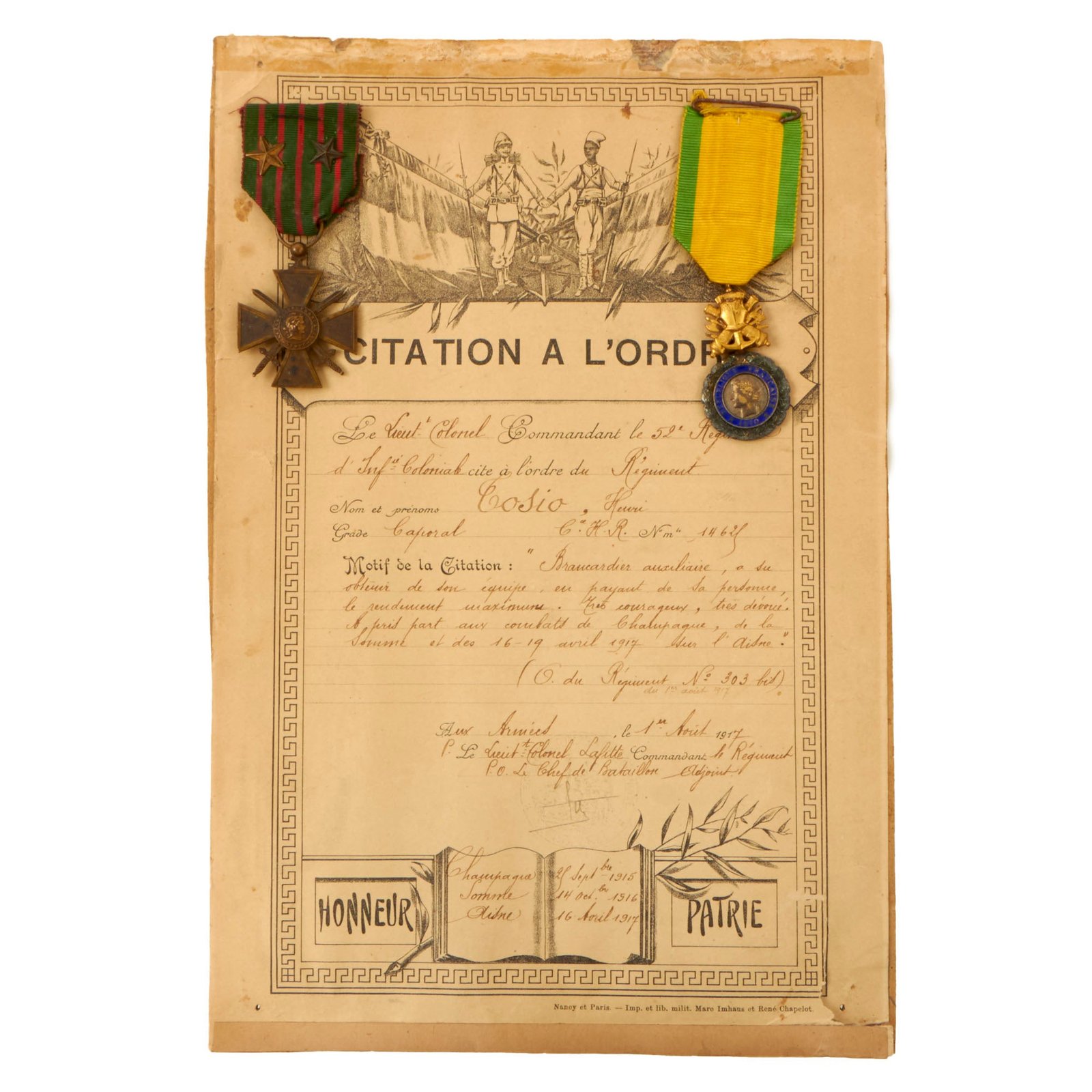 Buy Original French WWI Named Military Medal & Croix de Guerre Grouping with Attached Citation - Henri Cosio, 52nd Regiment Colonial Infantry | Original Firearms Antique For Sale