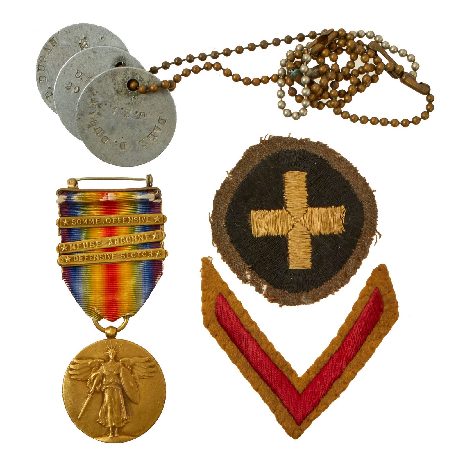 Buy Original U.S. WWI Named 33rd Division Victory Medal, Dog Tag & Patch Grouping - Dale Dixie Dugan - Lied About Age Upon Enlistment | Original Firearms Antique For Sale