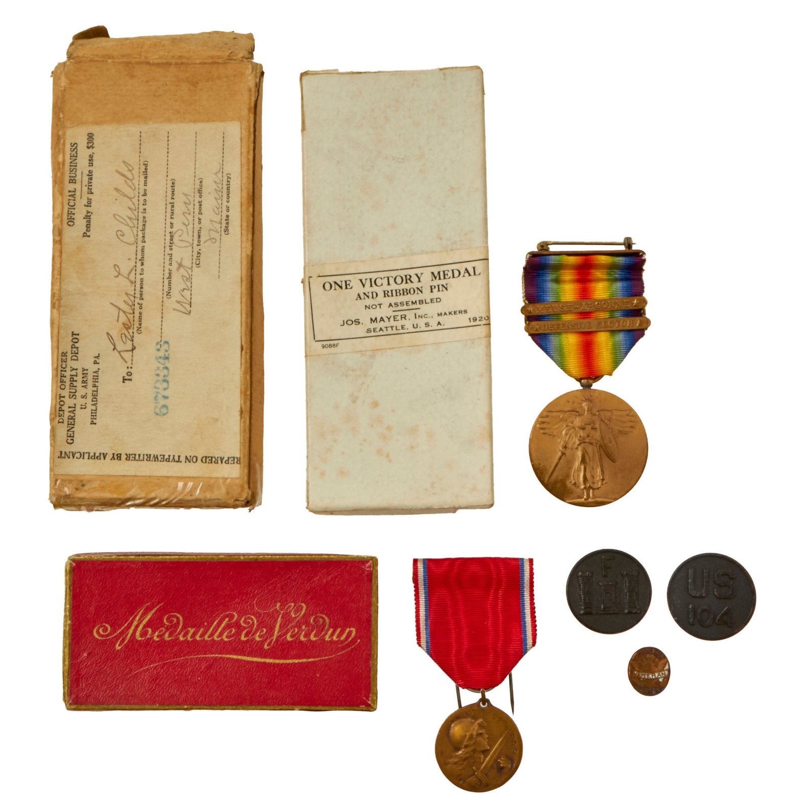 Buy Original U.S. WWI 29th Division Victory Medal & Verdun Medal Grouping with Collar Discs & Certificate - Lester L Childs, 104th Engineers | Original Firearms Antique For Sale