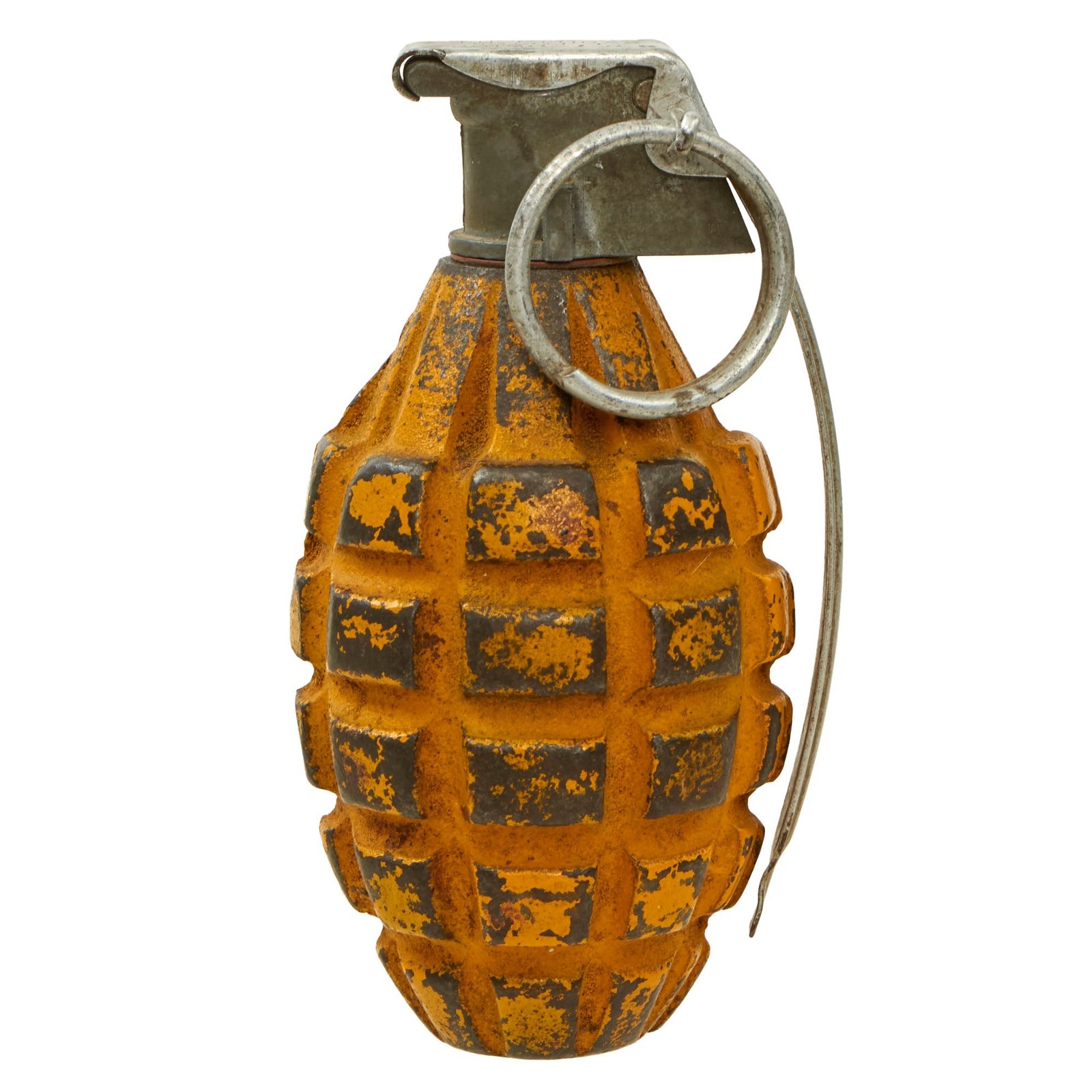 Buy Original U.S. WWII Inert MkII Yellow Early War High Explosive Pineapple Grenade with M10A2 Fuse | Original Firearms Antique For Sale