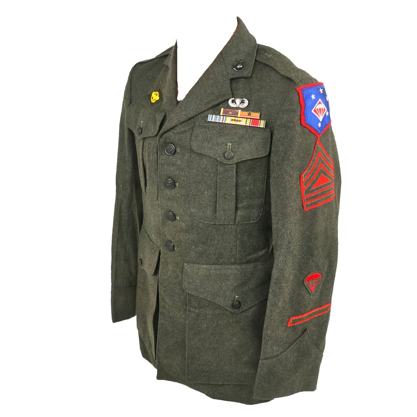 Buy Original U.S. WWII Marine Corps ParaMarine 1st Marine Parachute Regiment Master Technical Sergeant Uniform Jacket with Jump Wings & Purple Heart Ribbon Bar - Dated 1942 | Original Firearms Antique For Sale