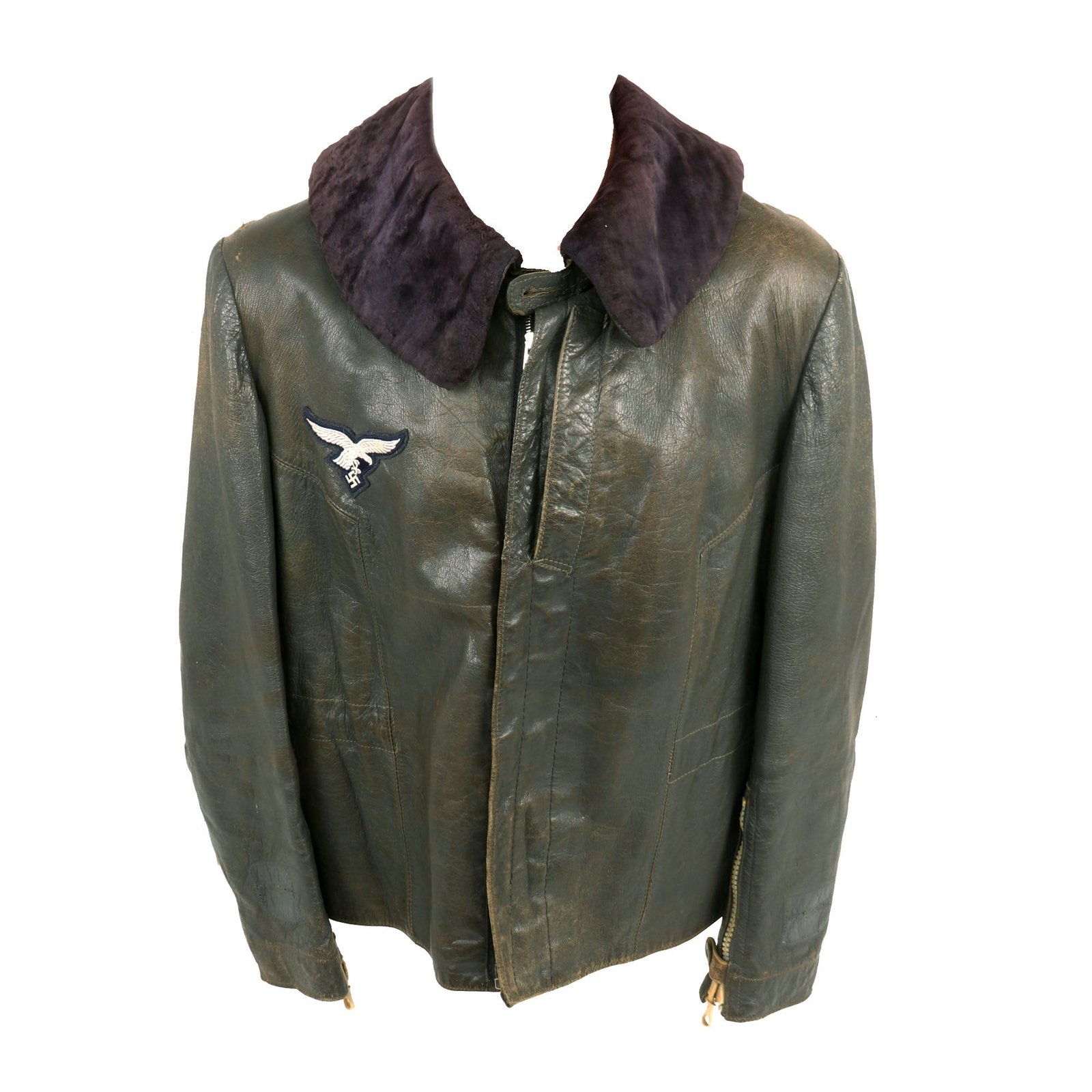 Buy Original German WWII Luftwaffe Pilot's Blue Gray Leather Flight Jacket with Bakelite Sleeve Zippers | Original Firearms Antique For Sale