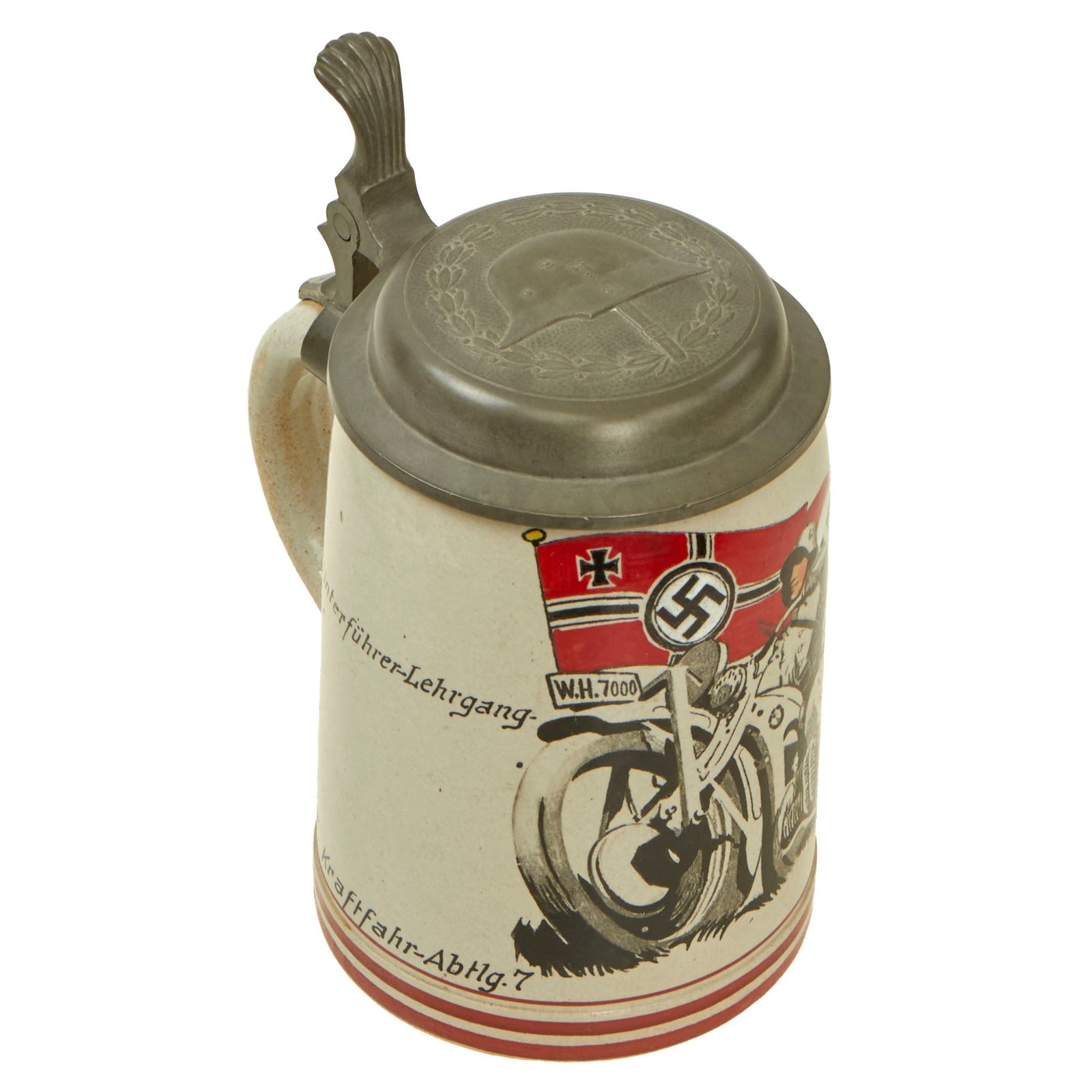 Buy Original German WWII Named Unit Marked Motorcycle Corps NCO Training 0.5L Beer Stein - Ceramic with Pewter Lid | Original Firearms Antique For Sale