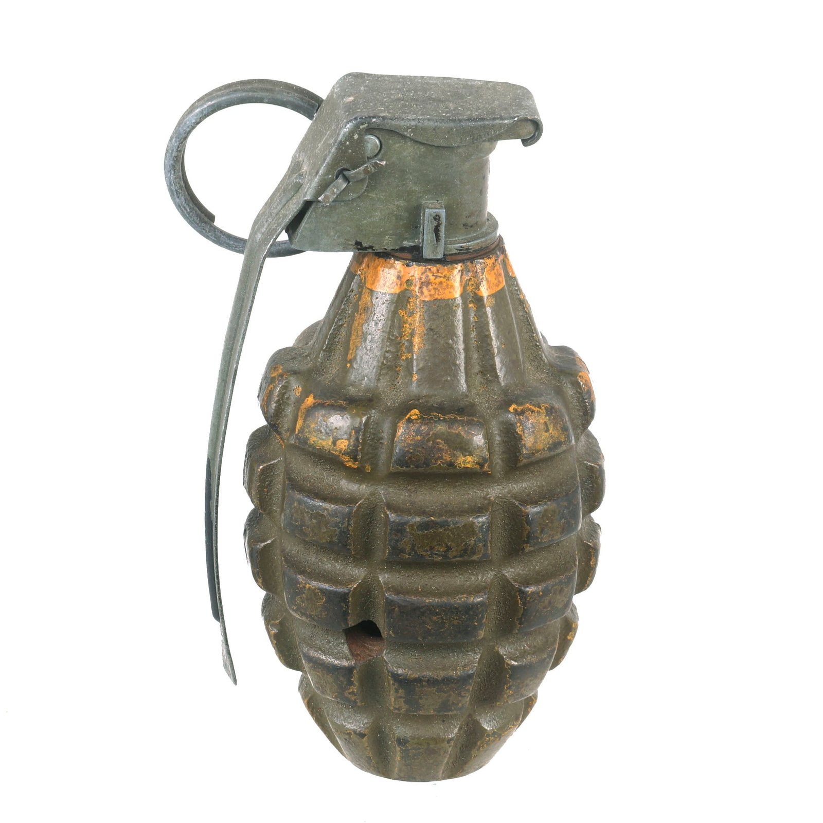 Buy Original U.S. WWII Inert MkII Pineapple Grenade with Yellow Ring with M200A1 Fuze | Original Firearms Antique For Sale