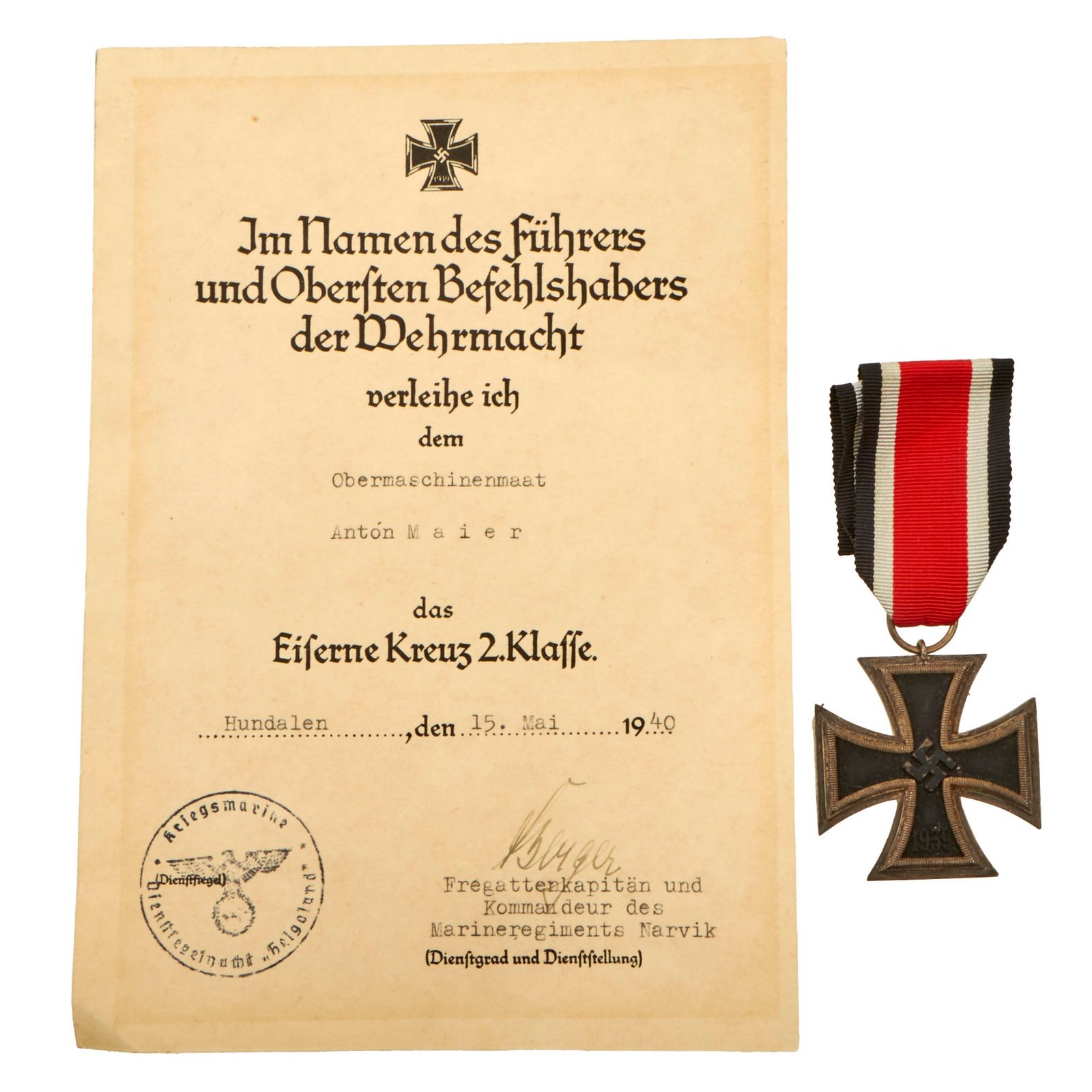 Buy Original German WWII Iron Cross 2nd Class 1939 EKII with Named Award Document - Battle of Narvik Kriegsmarine Veteran | Original Firearms Antique For Sale