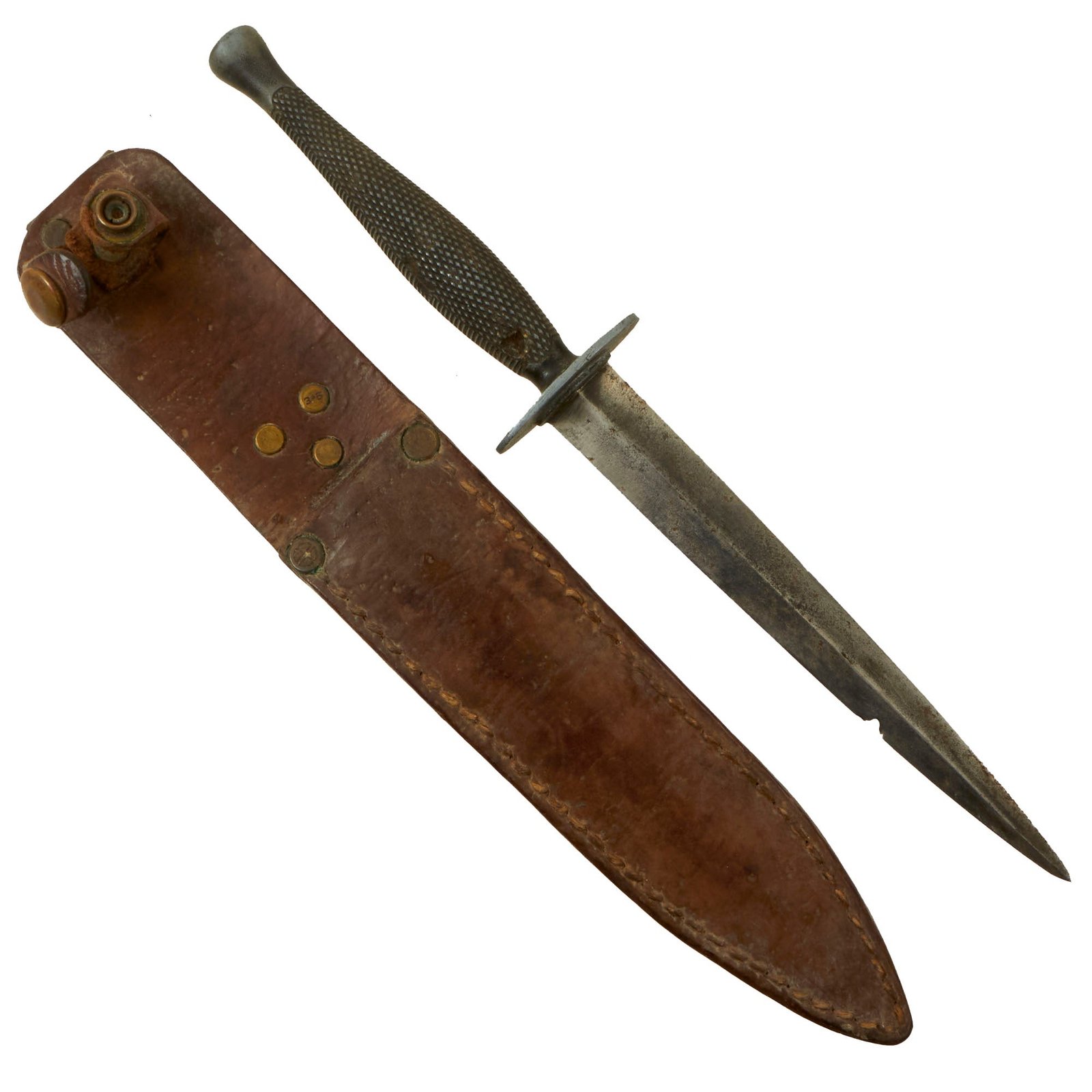 Buy Original U.S. WWII USMC Marine Raider Stiletto Dagger with Chipped Blade & Theater Made Replacement Leather Scabbard | Original Firearms Antique For Sale