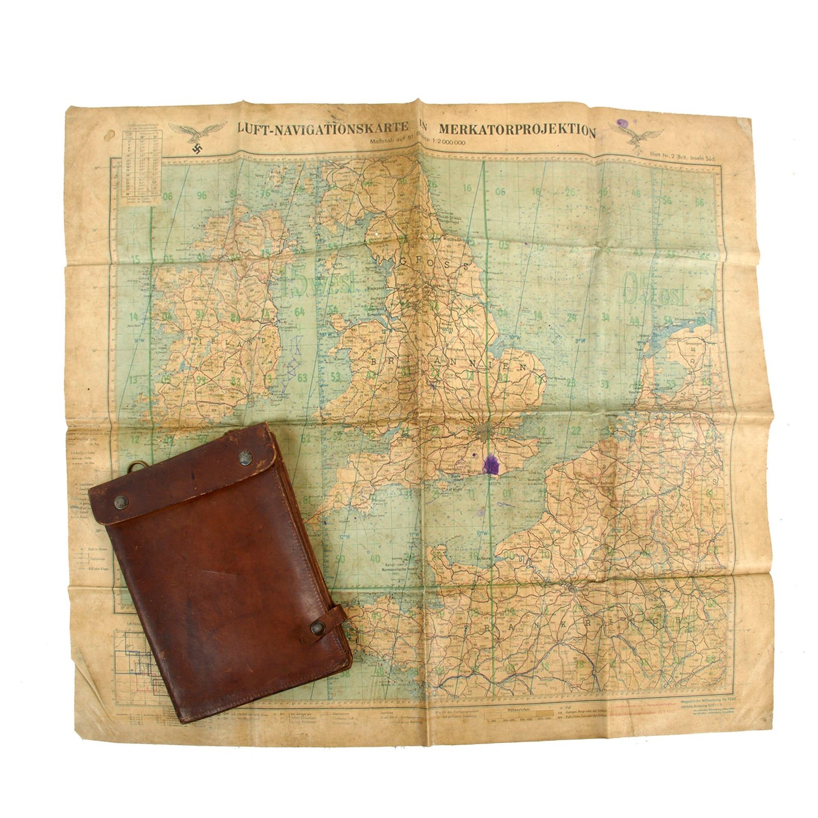 Buy Original German WWII Luftwaffe Double-Sided Flight Navigator Map of England "Battle of Britain" in Unit-Marked Map Case to Kampfgeschwader 51 | Original Firearms Antique For Sale