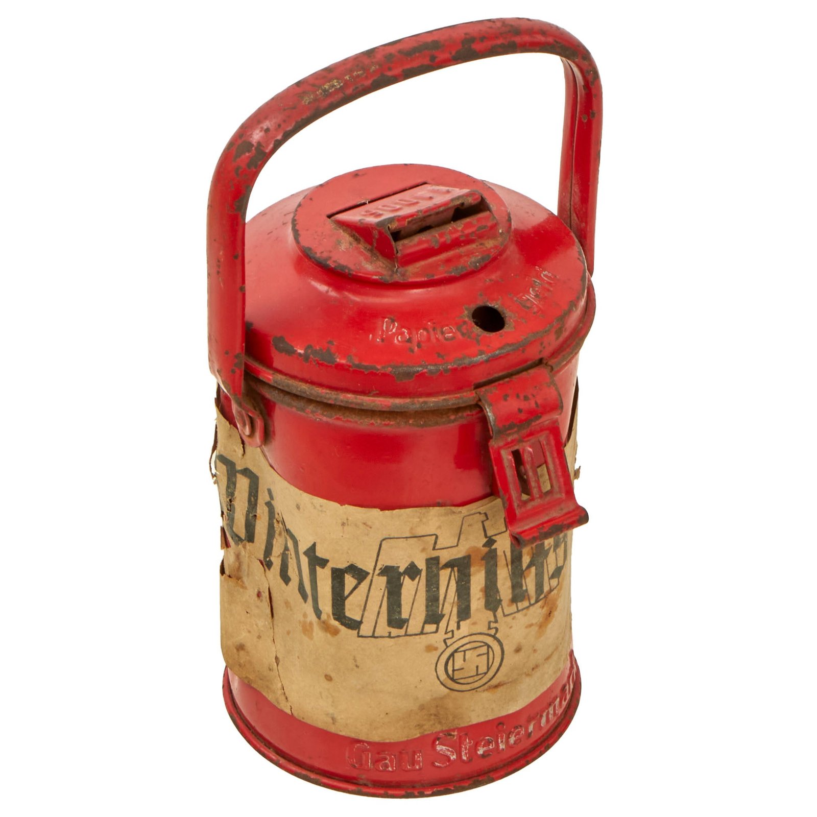 Buy Original German WWII WHW Gau Steiermark Donation Can by Westermann & Co with Worn Rare Paper Label | Original Firearms Antique For Sale