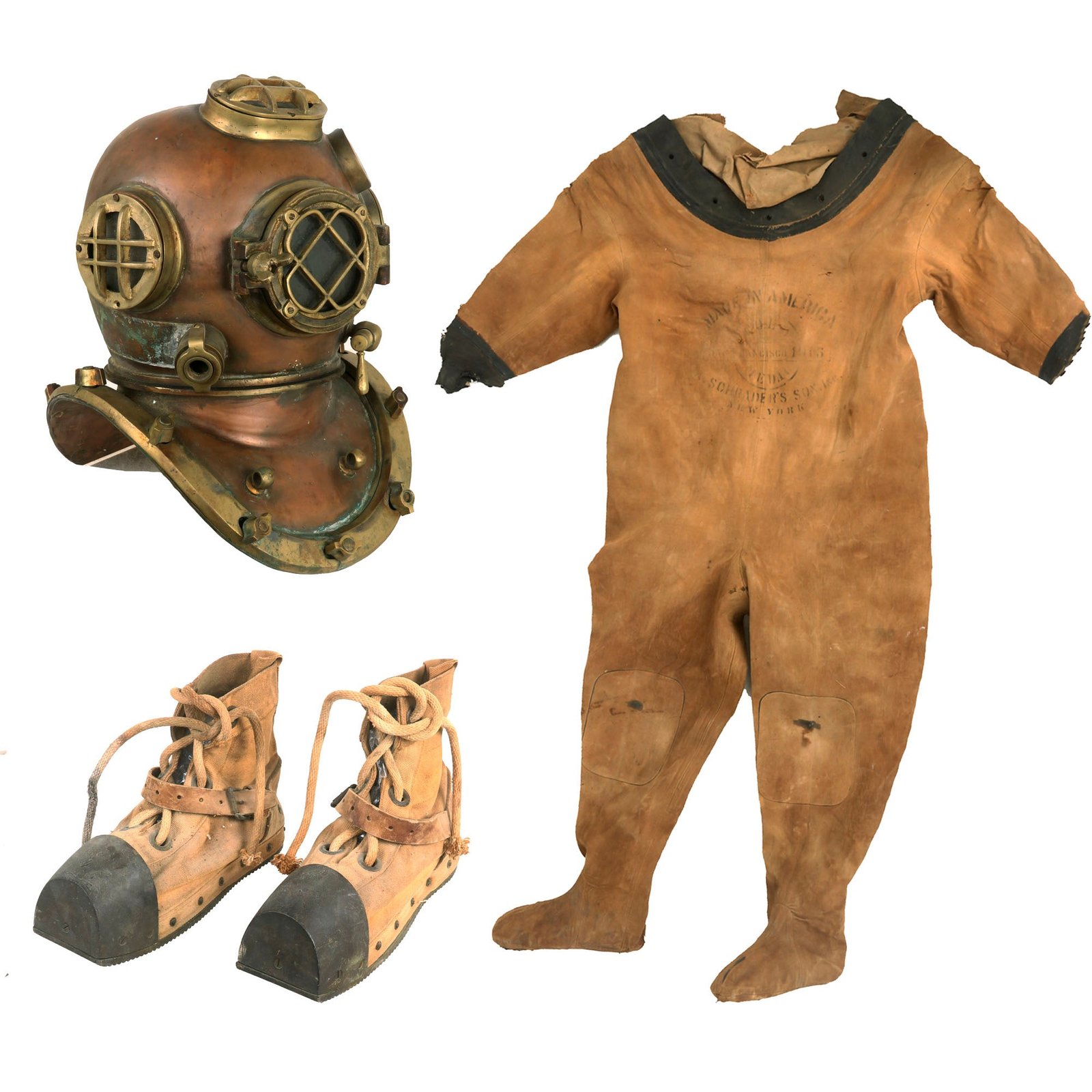 Buy Original U.S. Pre-WWII Mark V Diving Suit & Bronze Toe Diving Boots by A. Schrader’s Son Inc. & Replica Diver’s Helmet | Original Firearms Antique For Sale