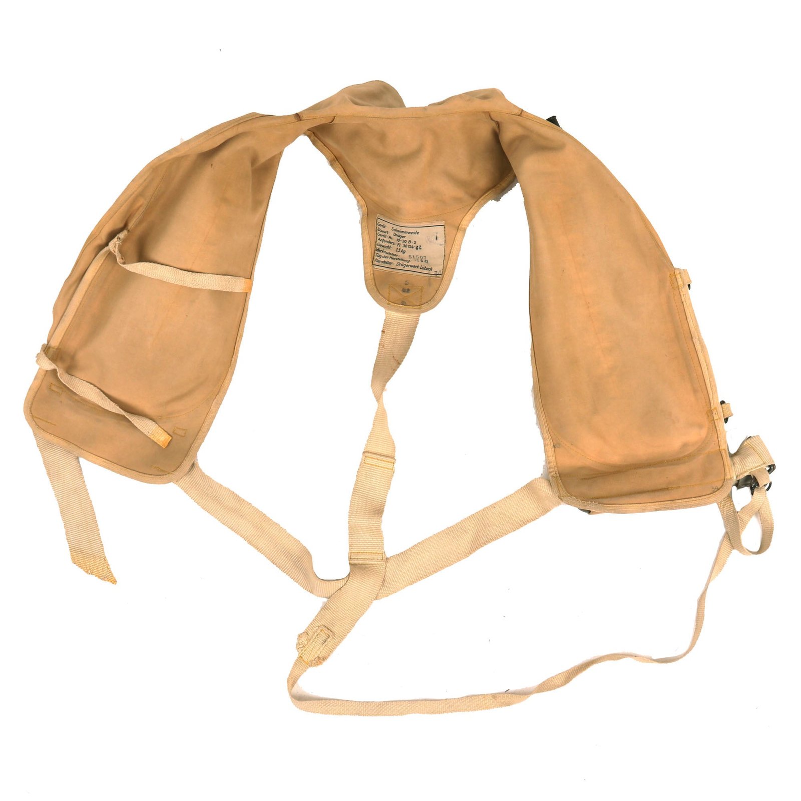 Buy Original Rare German WWII Personalized 1942 Dated Luftwaffe Life Vest Type 10-30 B-2 by Drägerwerk Lübeck | Original Firearms Antique For Sale
